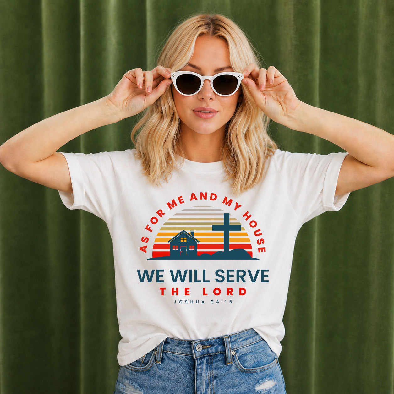 Unisex softstyle T-shirt with biblical quote "As for Me and My House We Will Serve the Lord" by Printify, front view.