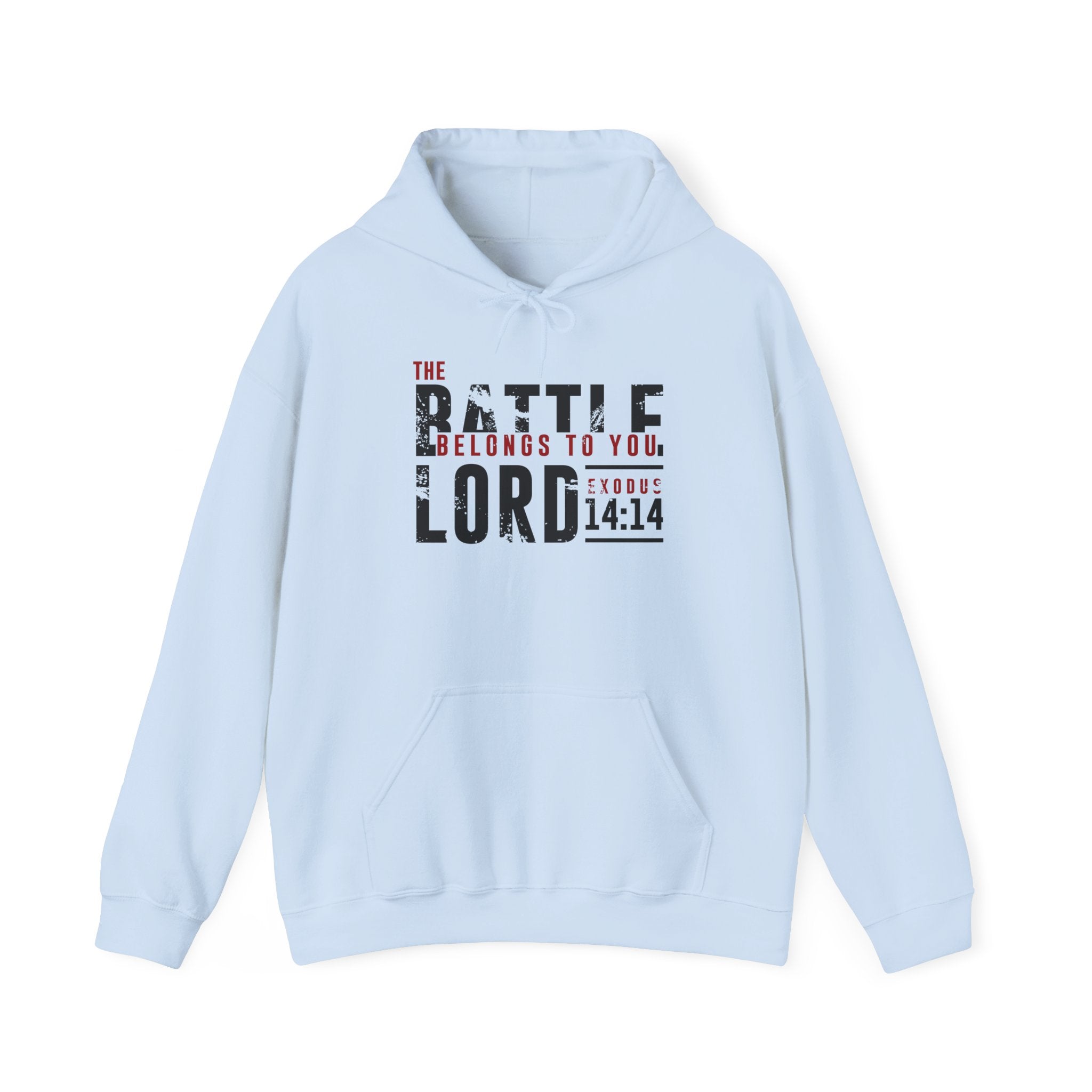 Unisex Heavy Blend hoodie featuring "The Battle Belongs to the Lord" print, comfortable cotton-blend fabric, front pocket, and hood.