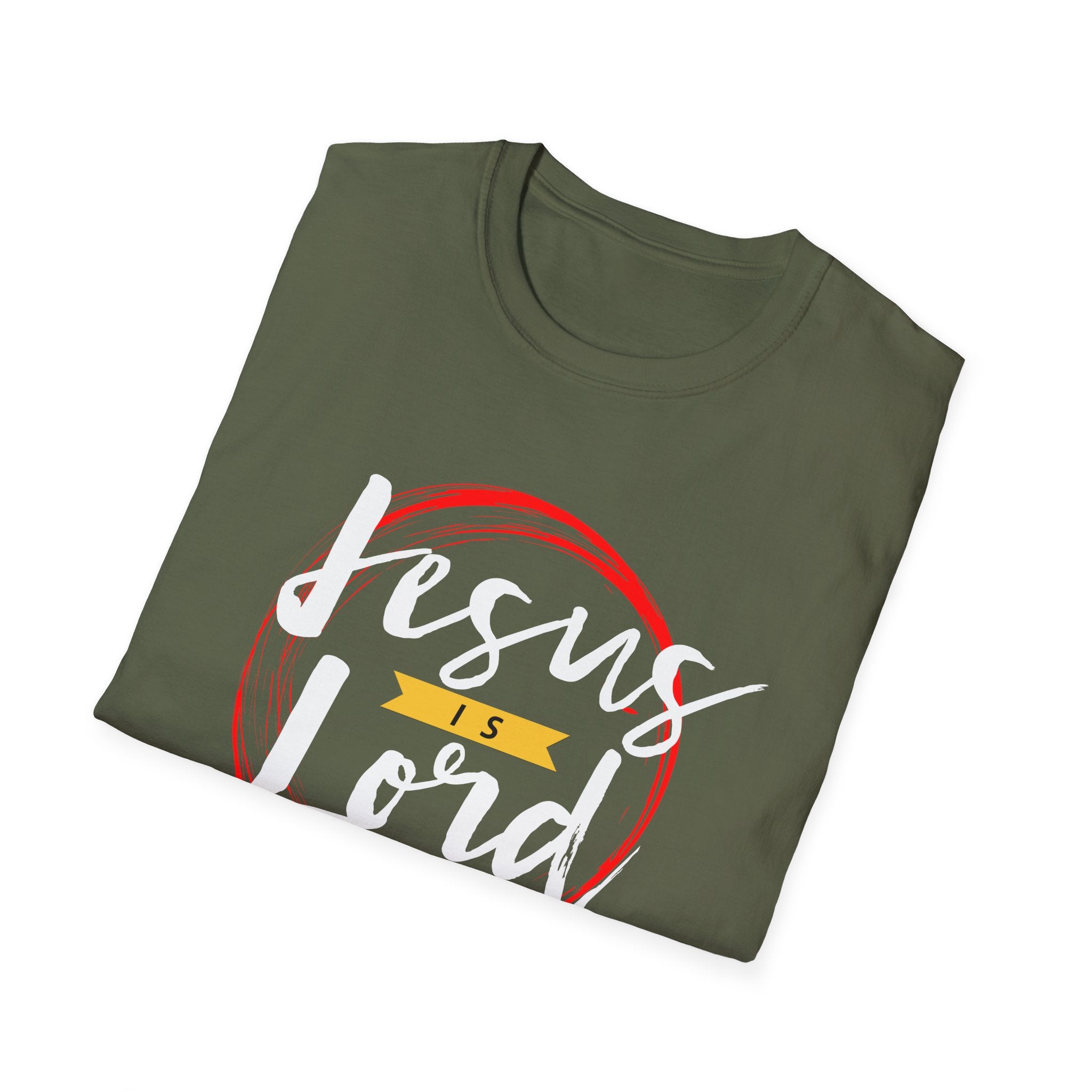 Unisex softstyle T-shirt with Jesus is Lord graphic in black and white, featuring comfortable fit and casual style.