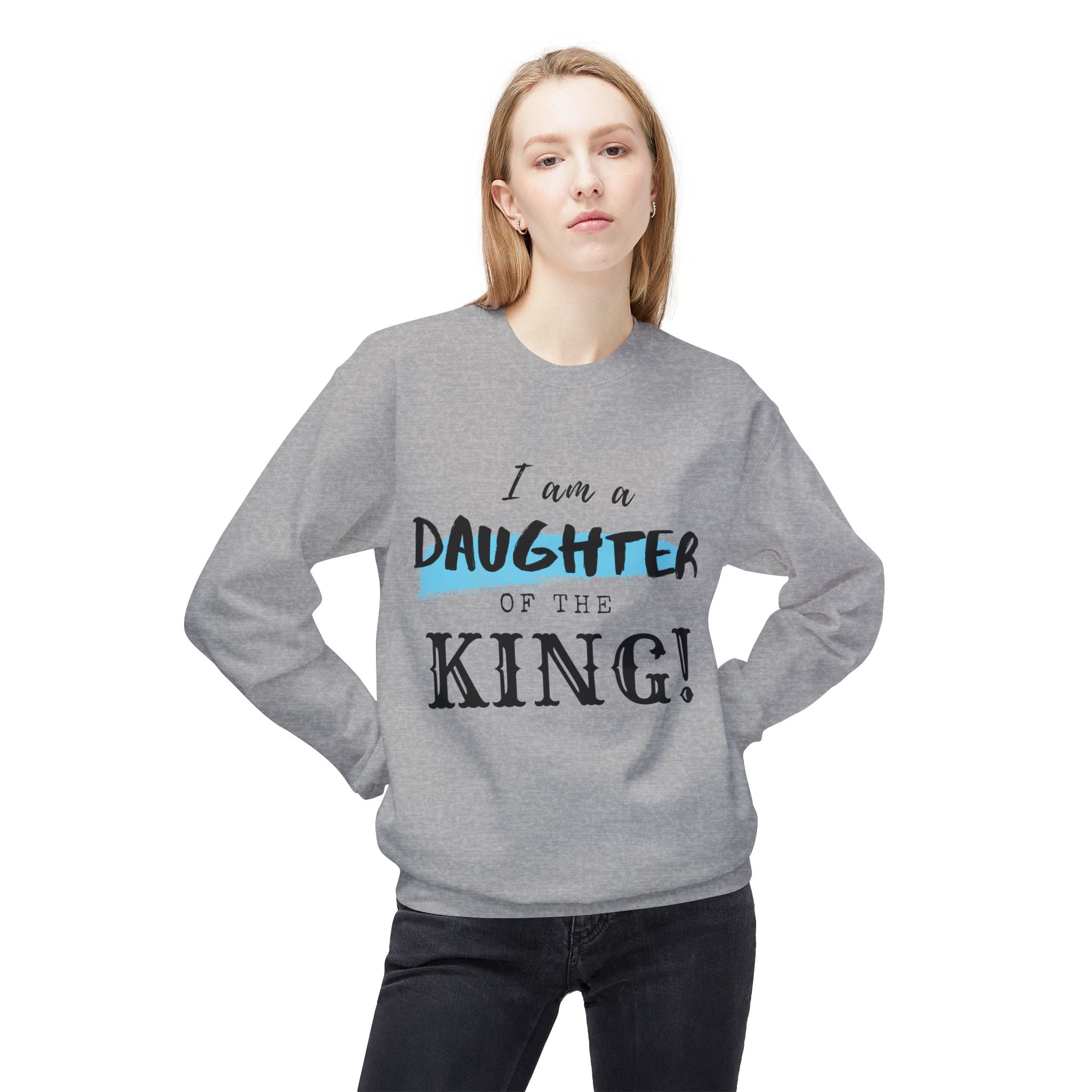 Unisex midweight softstyle fleece crewneck sweatshirt with "I Am a Daughter of the King" print, by Printify.