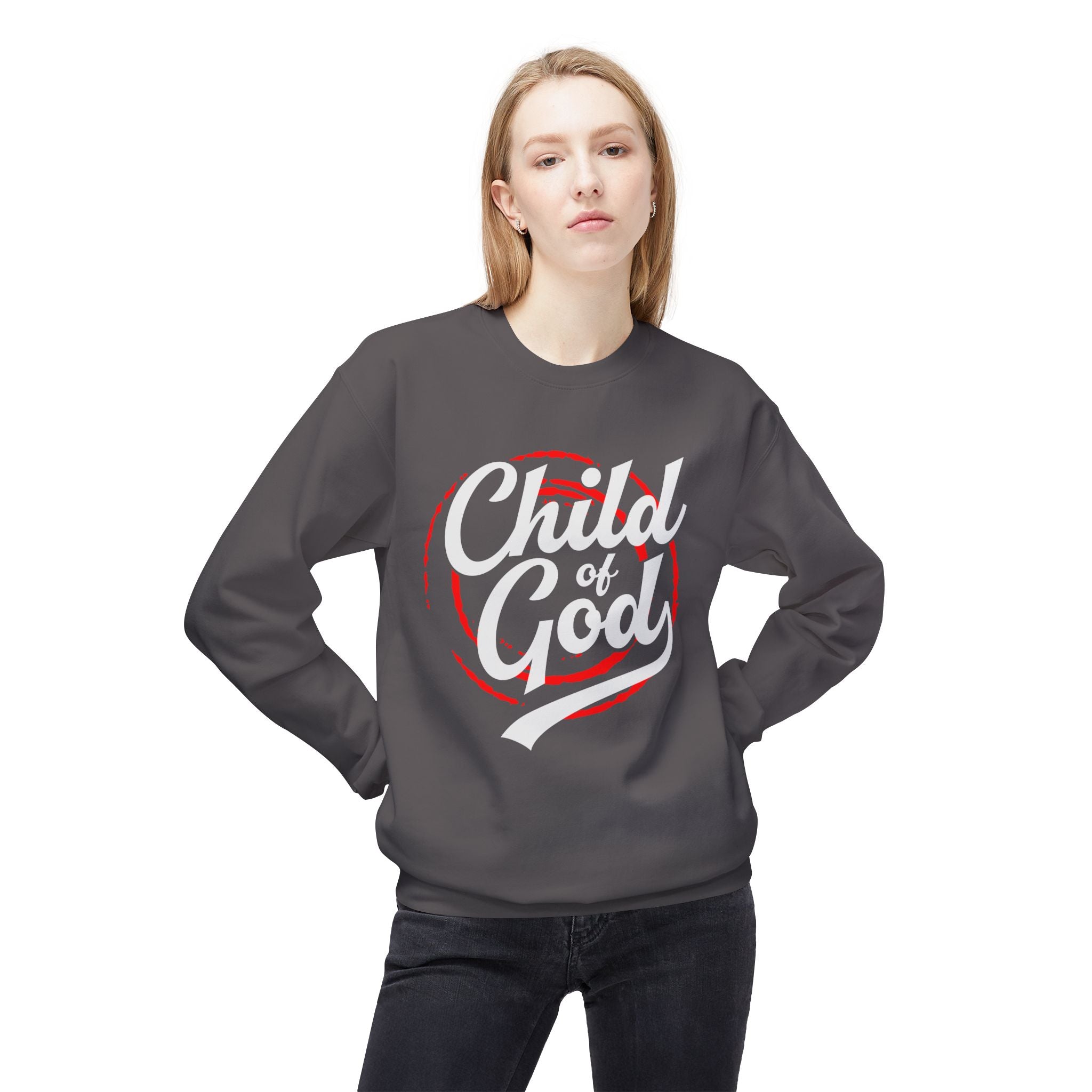Unisex midweight softstyle fleece crewneck sweatshirt with "Child of God" print, featuring a comfortable fit and casual style.