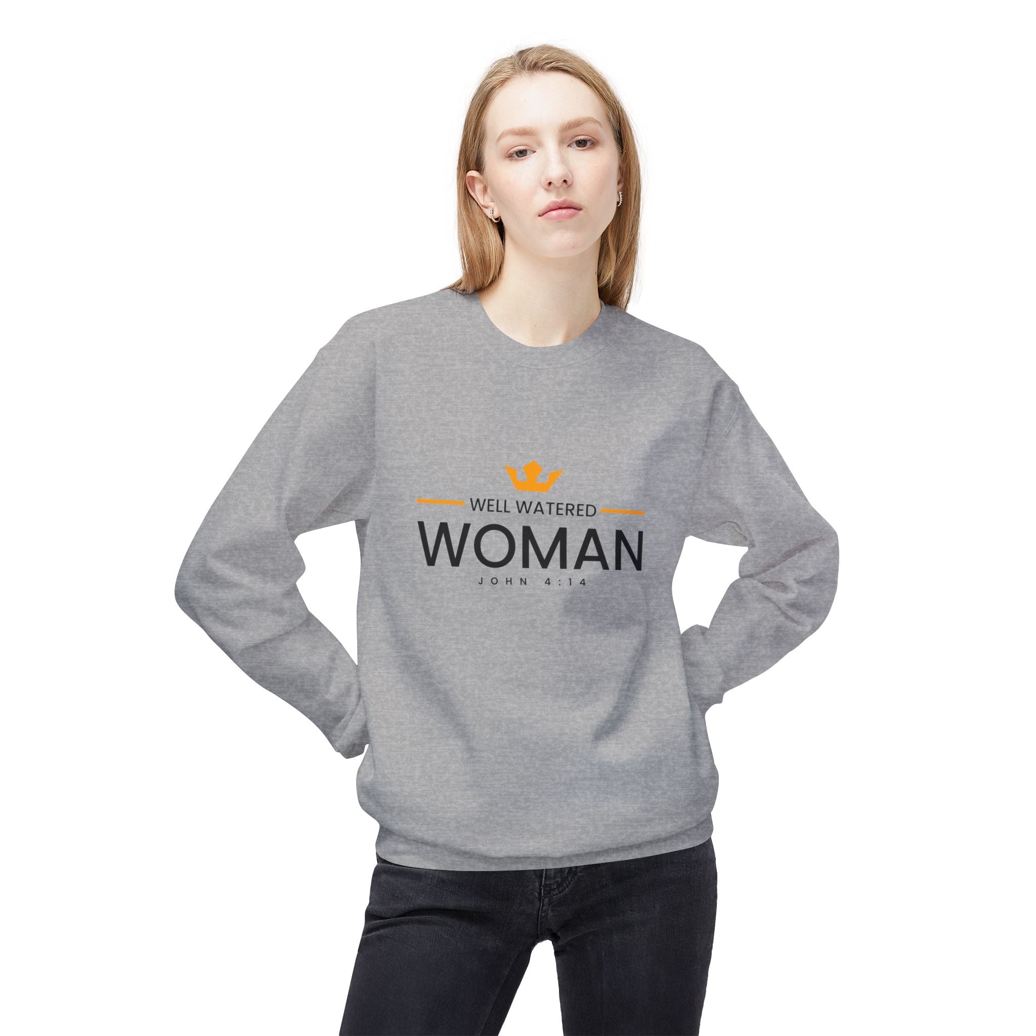 Unisex midweight softstyle fleece crewneck sweatshirt featuring a well-watered woman design by Printify.