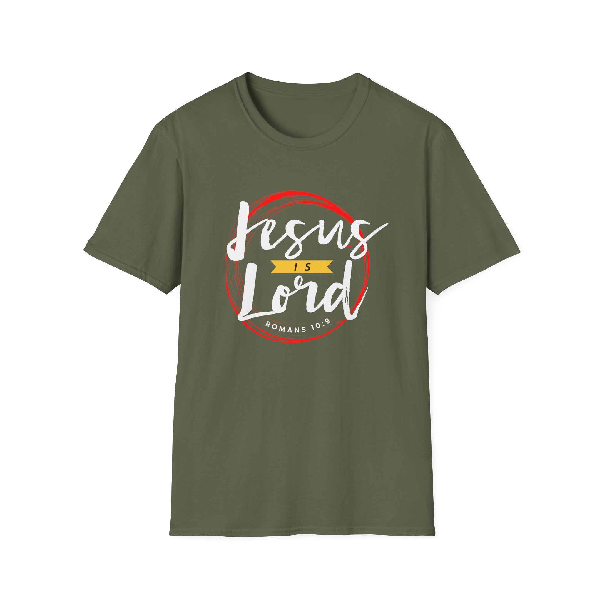 Unisex softstyle T-shirt by Printify with bold "Jesus is Lord" graphic on front, white fabric, casual fit.