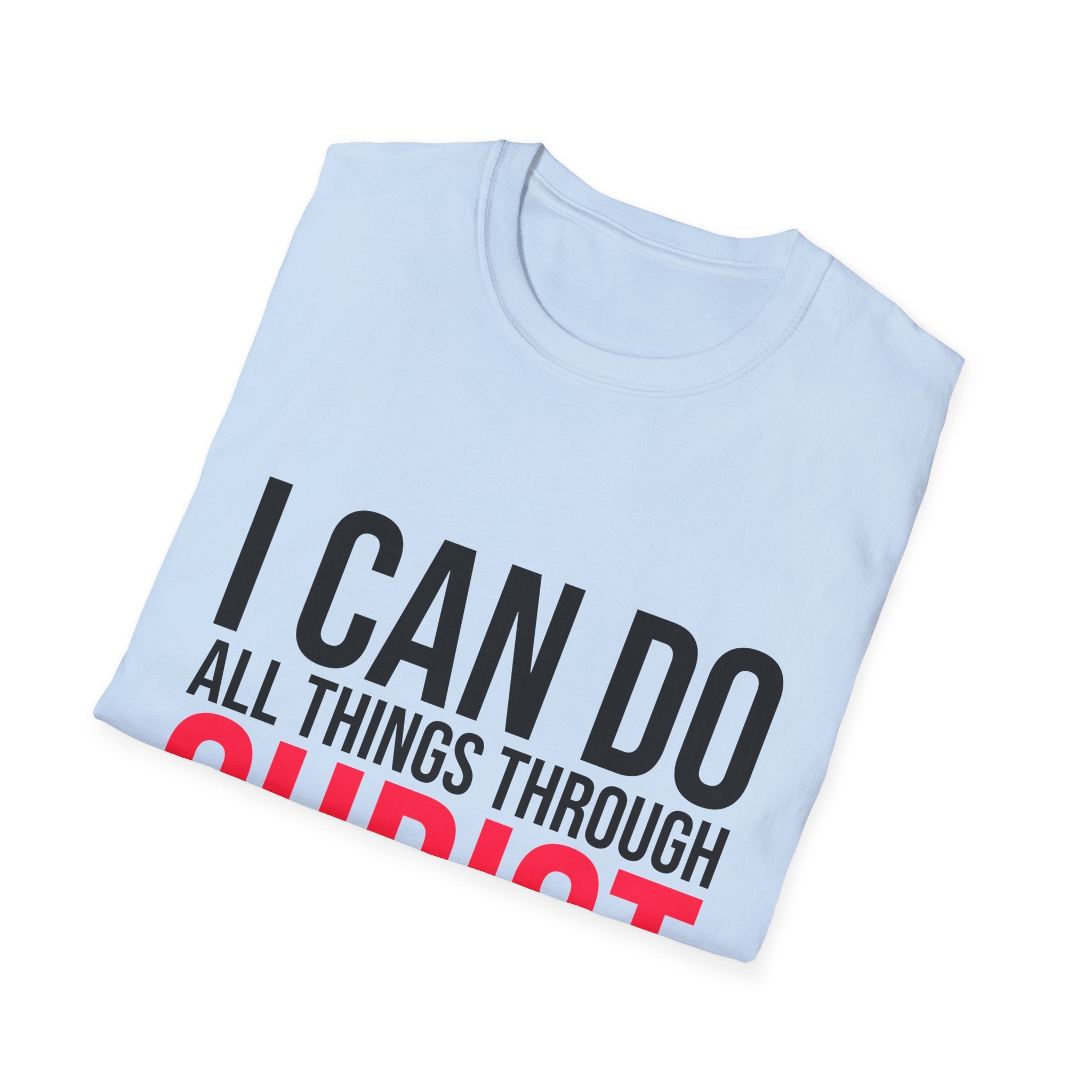 Unisex softstyle T-shirt with Christian quote "I Can Do All Things Through Christ" in black text on white fabric, casual wear.