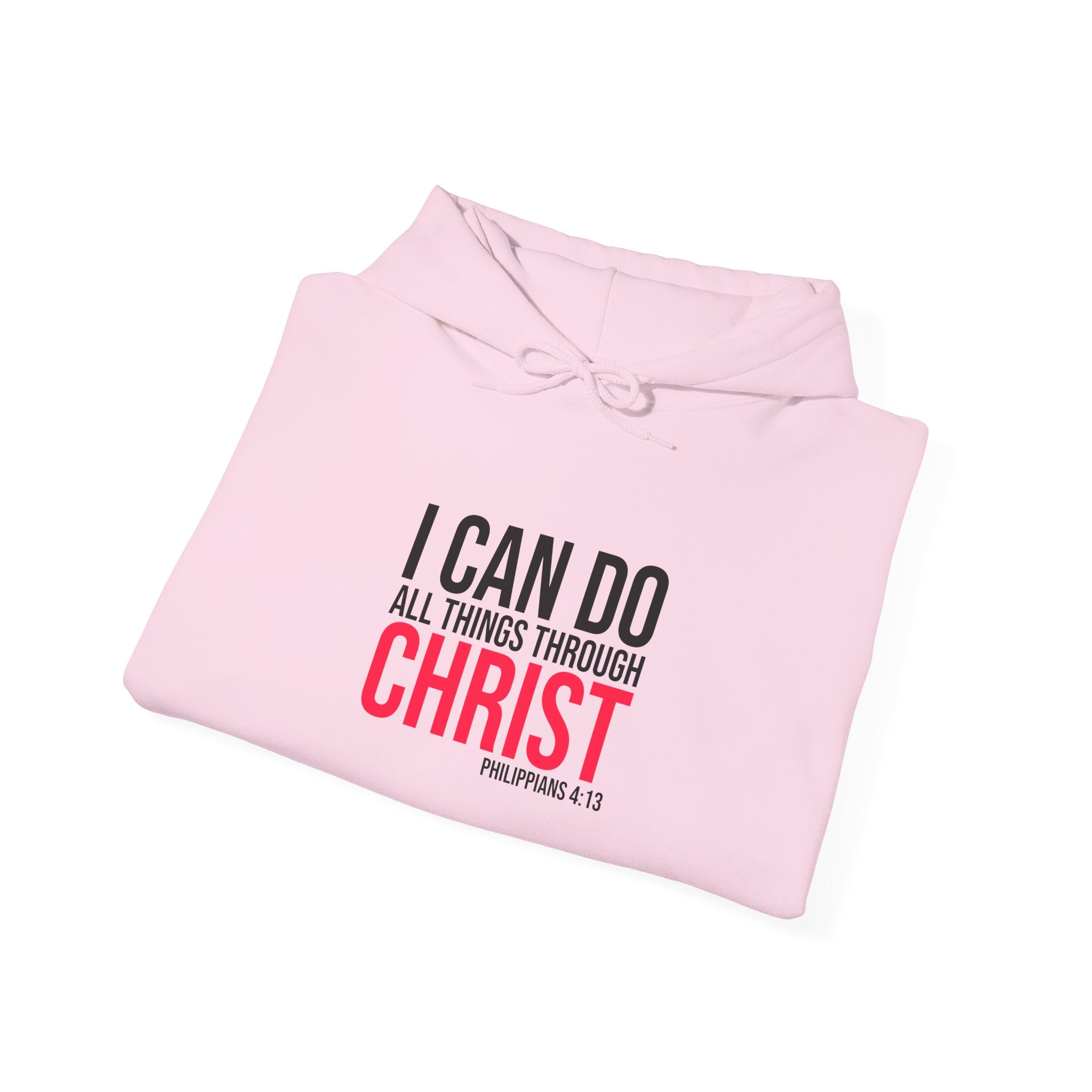 Unisex Heavy Blend hoodie with Christian quote "I Can Do All Things Through Christ" in bold text, casual sweatshirt, Printify brand.