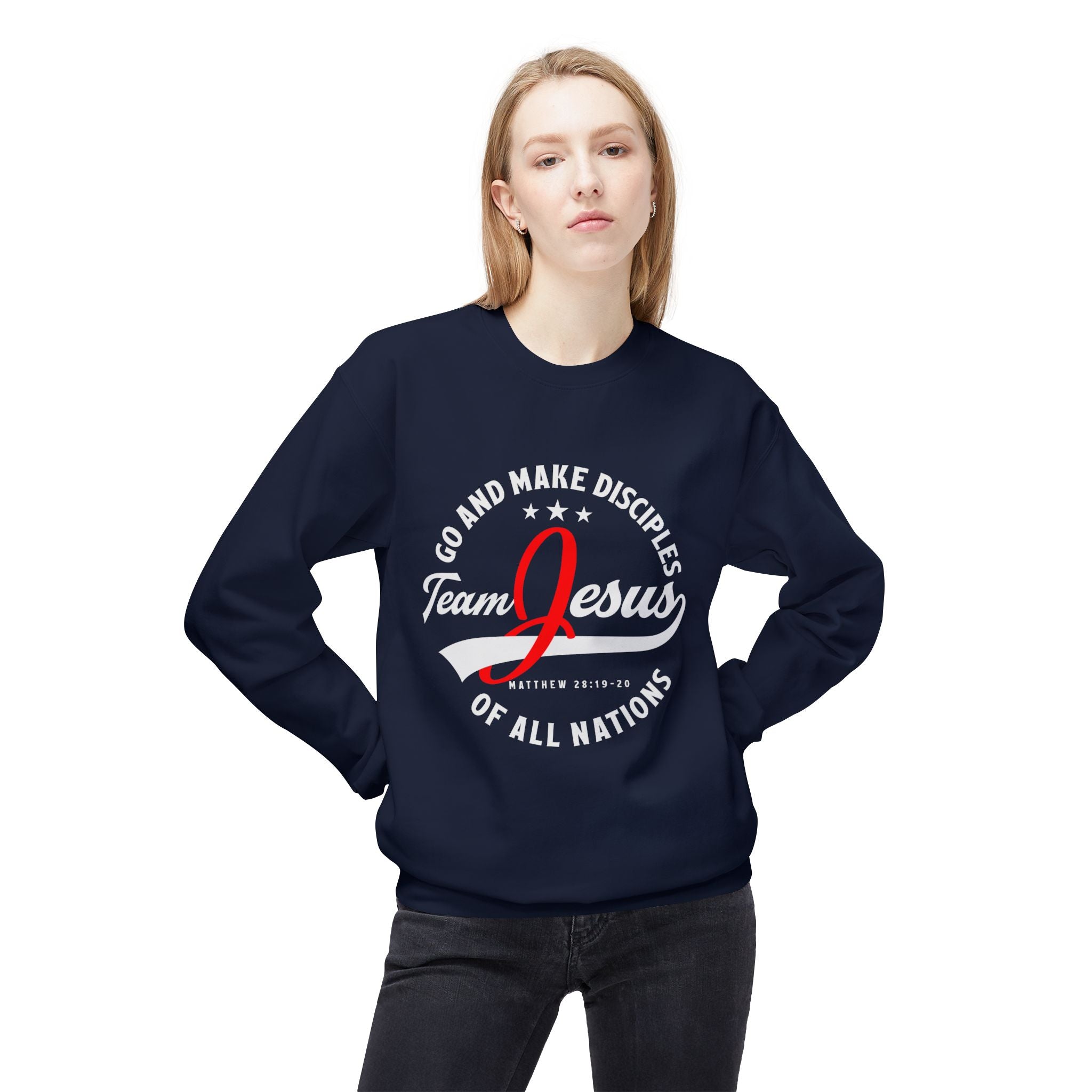 Unisex midweight softstyle fleece crewneck sweatshirt with "Team Jesus" print, made by Printify, showing front view on a plain background.