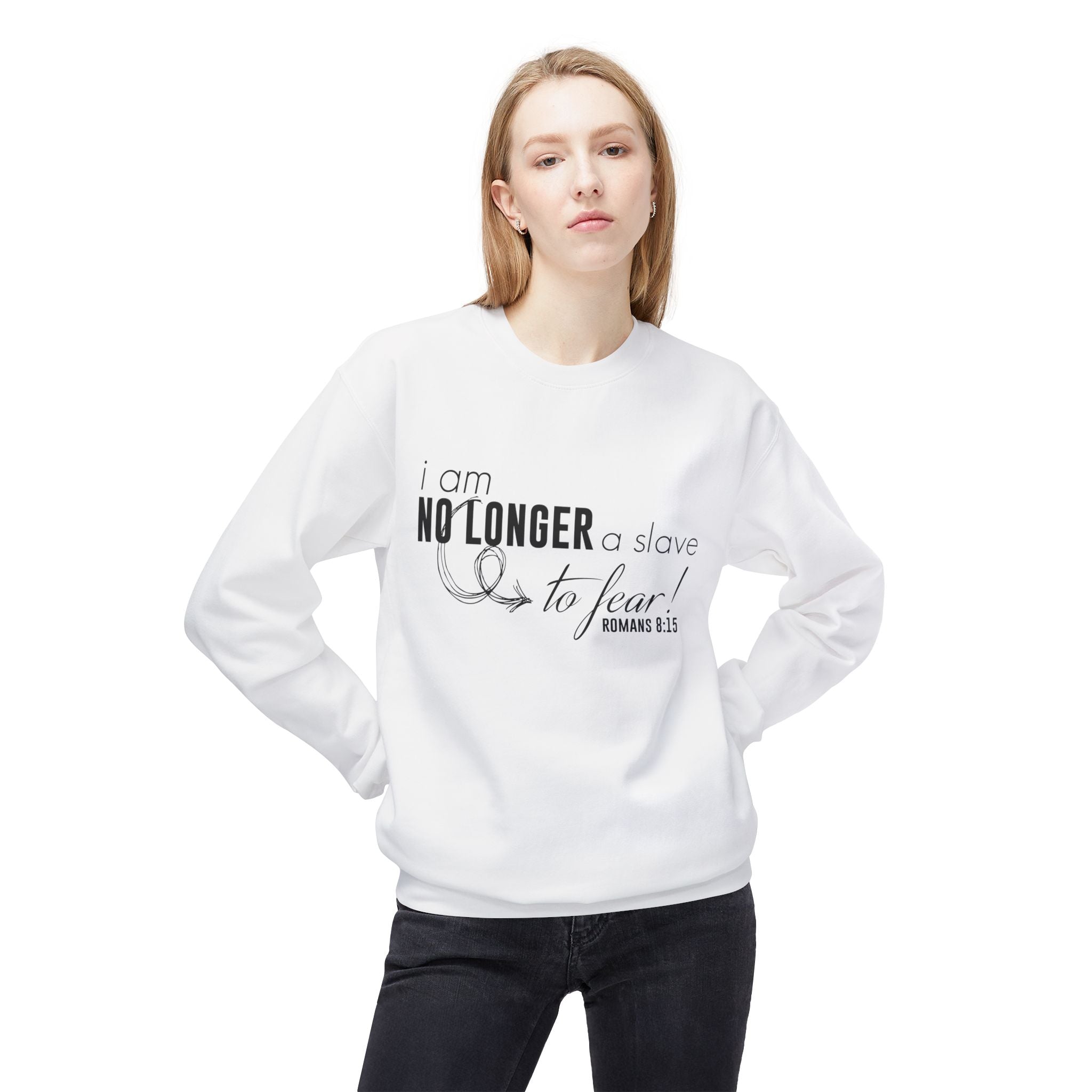 Unisex midweight softstyle fleece crewneck sweatshirt with "I am No Longer A Slave to Fear" printed on front, by Printify.