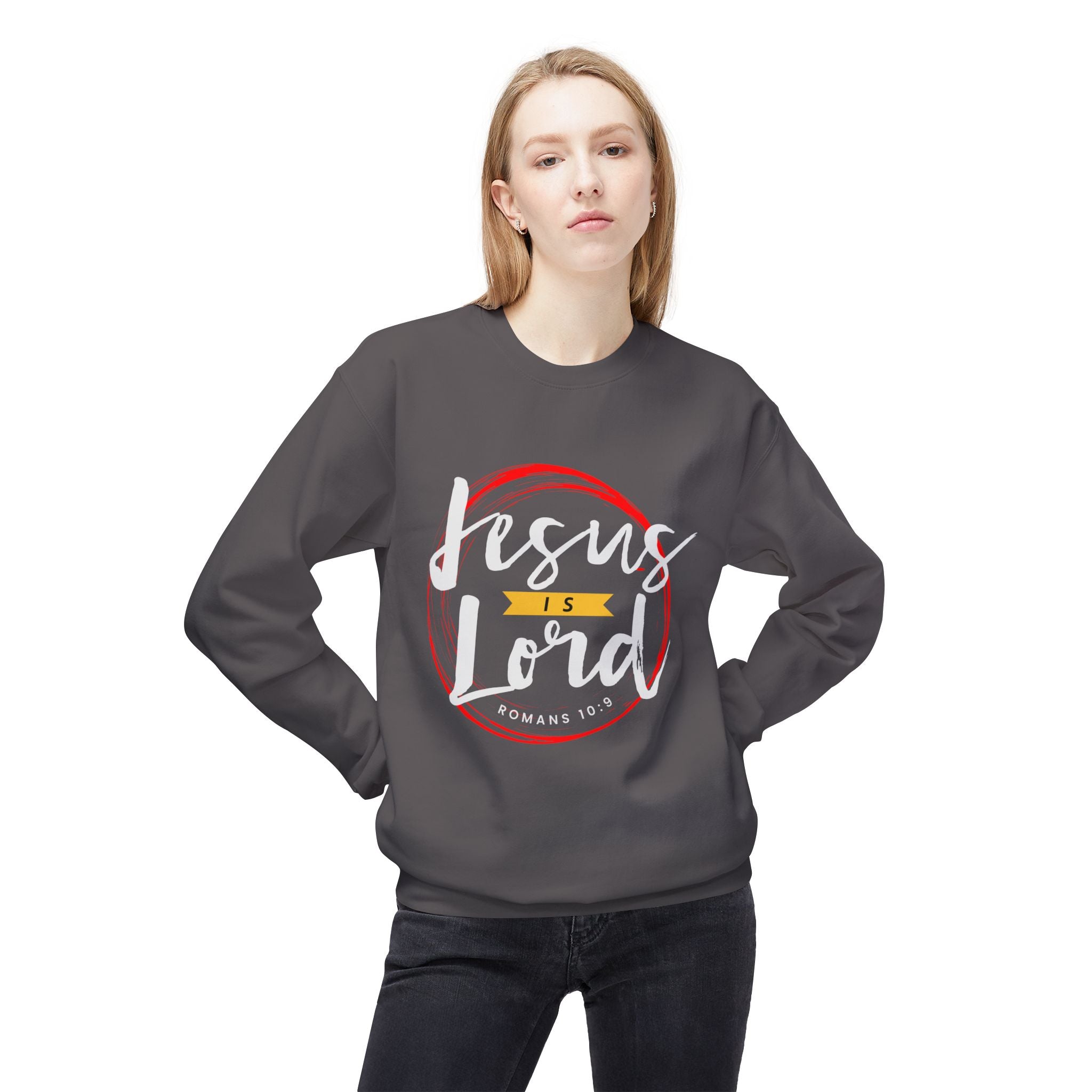 Unisex midweight softstyle fleece crewneck sweatshirt with "Jesus is Lord" print by Printify, shown in a close-up image.