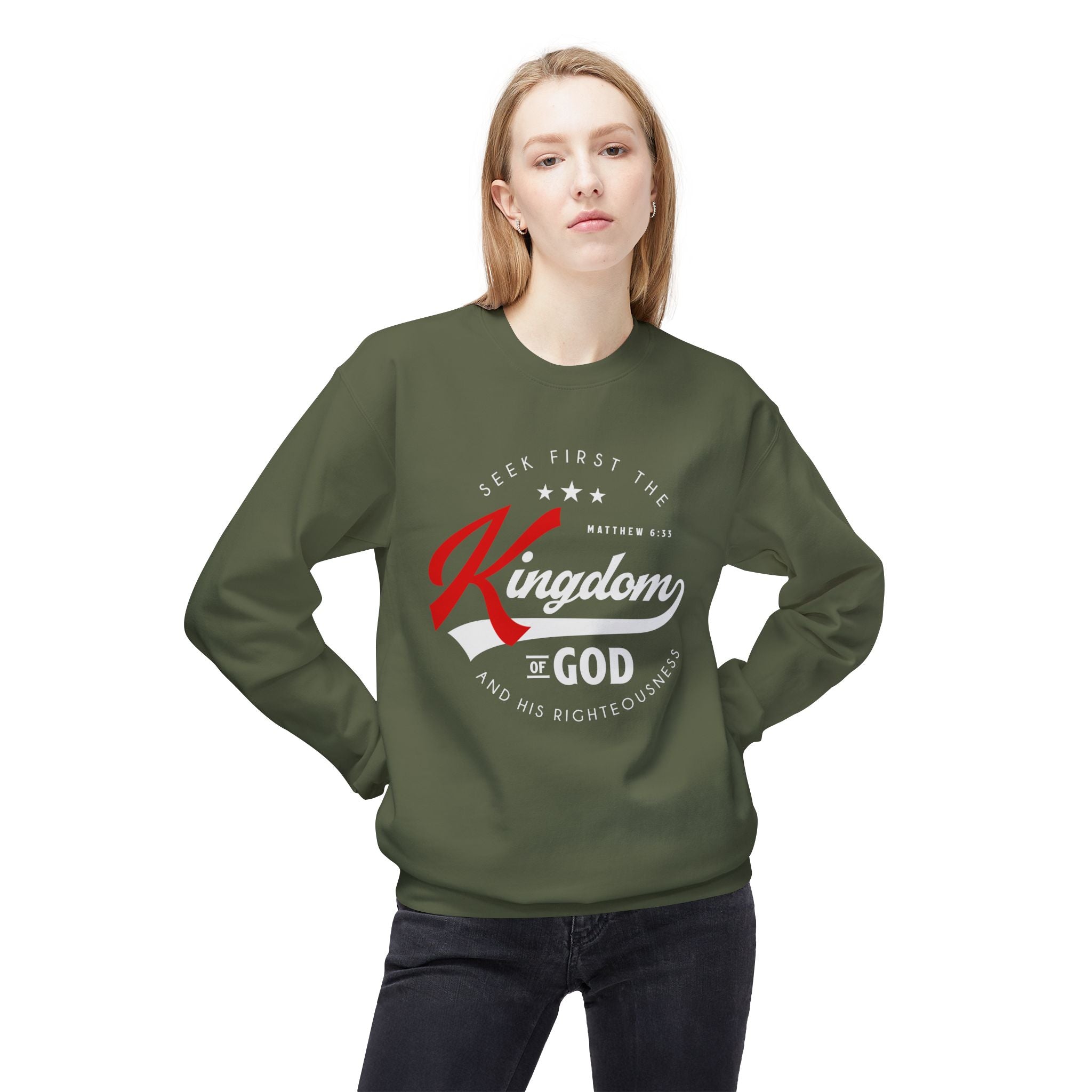Unisex midweight softstyle fleece crewneck sweatshirt with "Seek First the Kingdom of God" message on front, in black fabric.