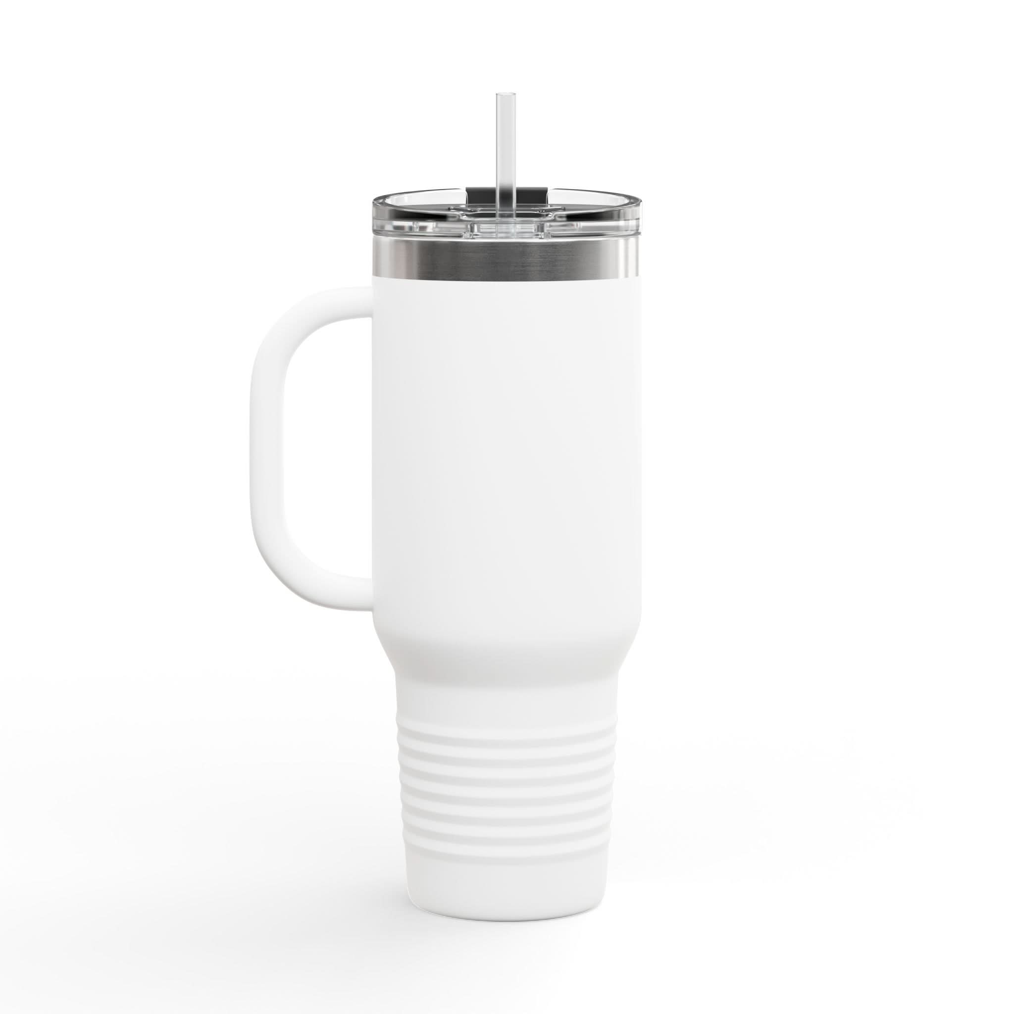 Printify insulated 40oz travel mug with spill-proof lid and stainless steel body, designed for hot and cold beverages.