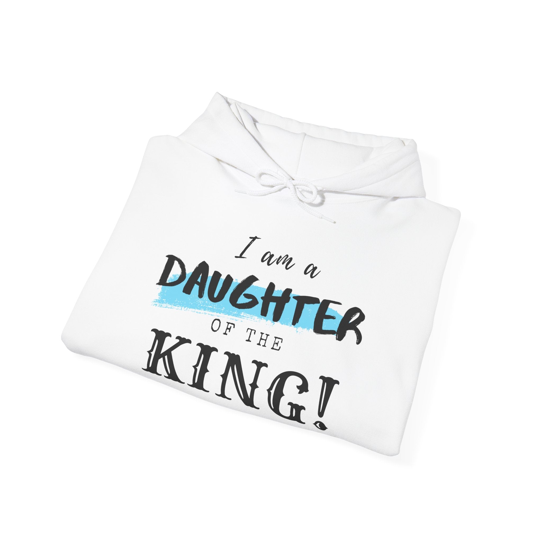 Unisex Heavy Blend™ Hoodie by Printify featuring the "I Am a Daughter of the King" design, shown on a gray hoodie.