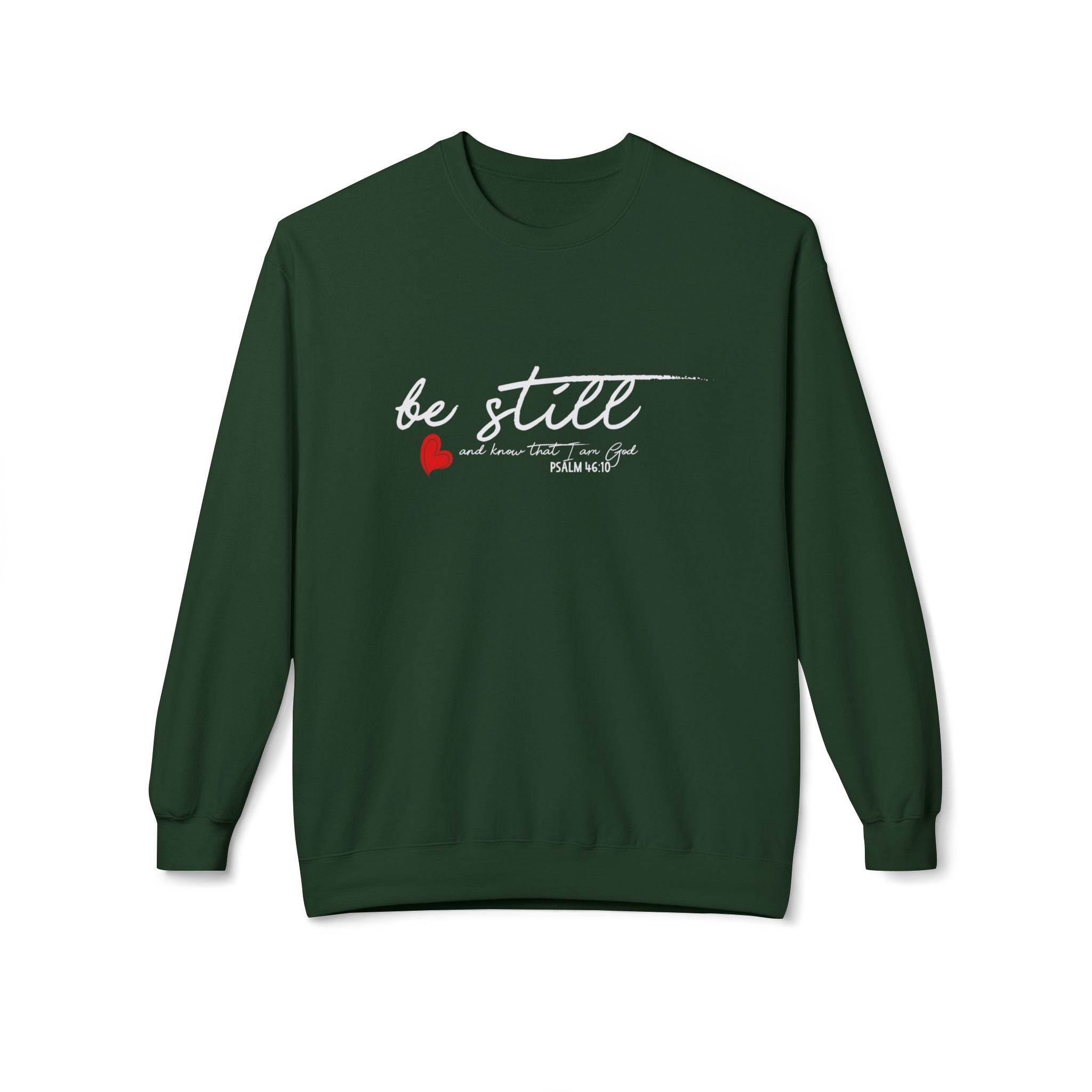 Unisex midweight softstyle fleece crewneck sweatshirt with "Be Still" print, white fabric, casual style, by Printify