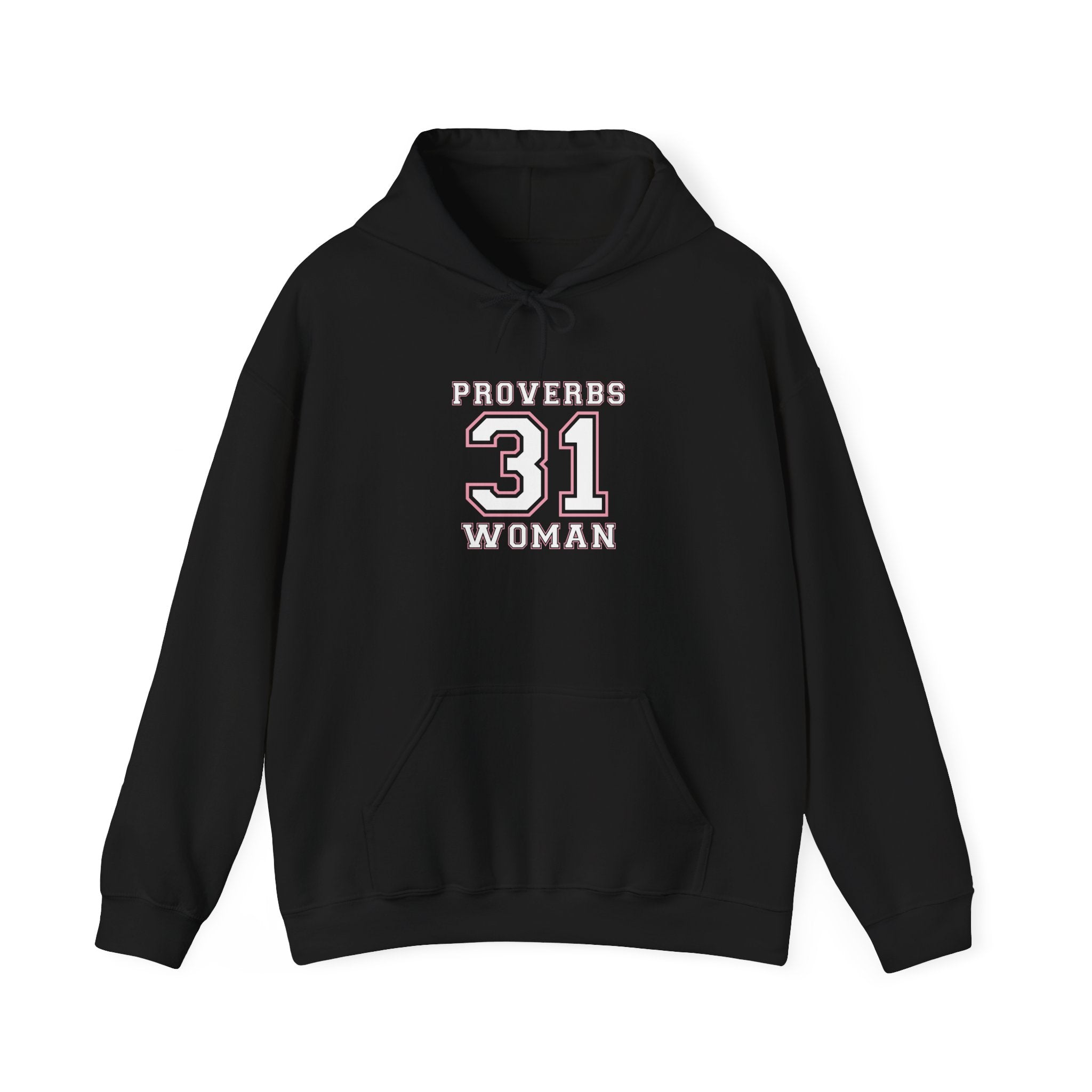 Unisex Heavy Blend hoodie featuring Proverbs 31 Woman text and design, made by Printify, displayed on a plain background.
