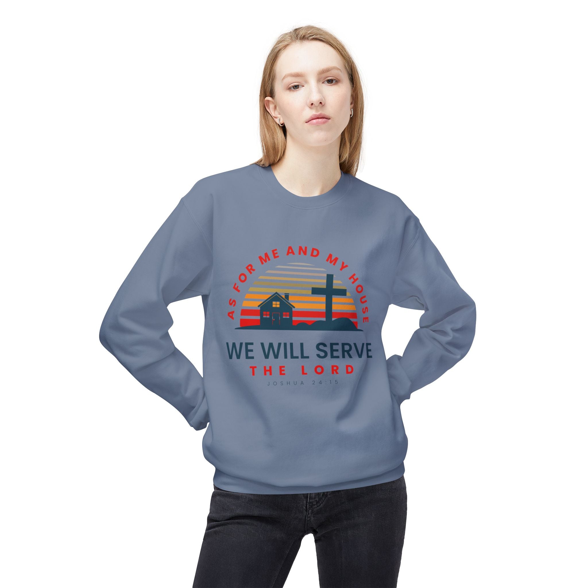 Unisex midweight softstyle fleece crewneck sweatshirt with religious quote "As for Me and My House We Will Serve the Lord" by Printify.