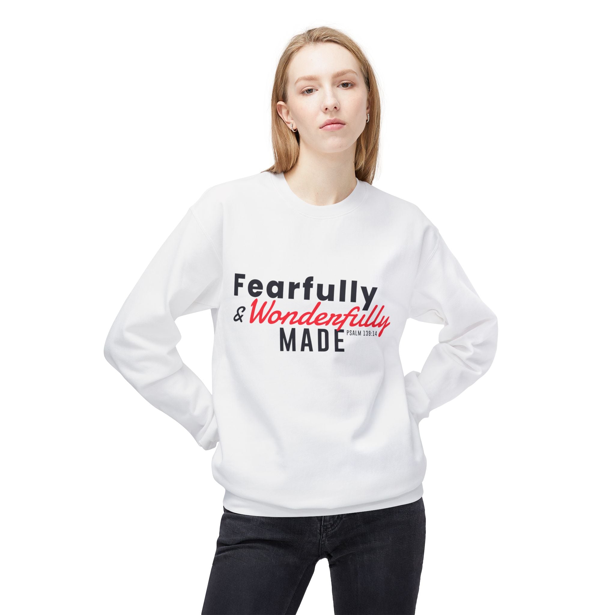 Unisex midweight softstyle fleece crewneck sweatshirt with "Fearfully and Wonderfully Made" print, by Printify.