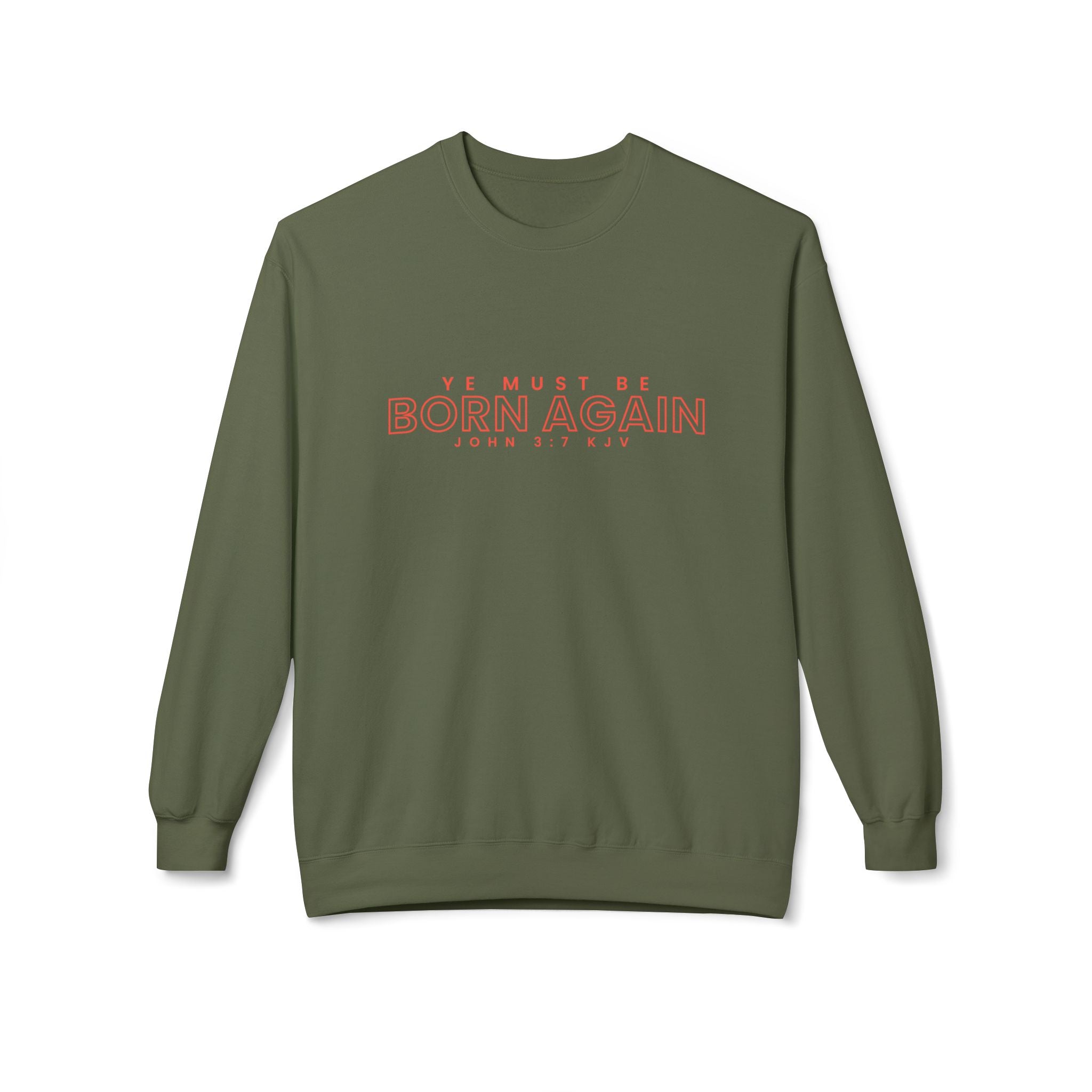 Unisex midweight softstyle fleece crewneck sweatshirt with "Ye Must Be Born Again" print, made by Printify.