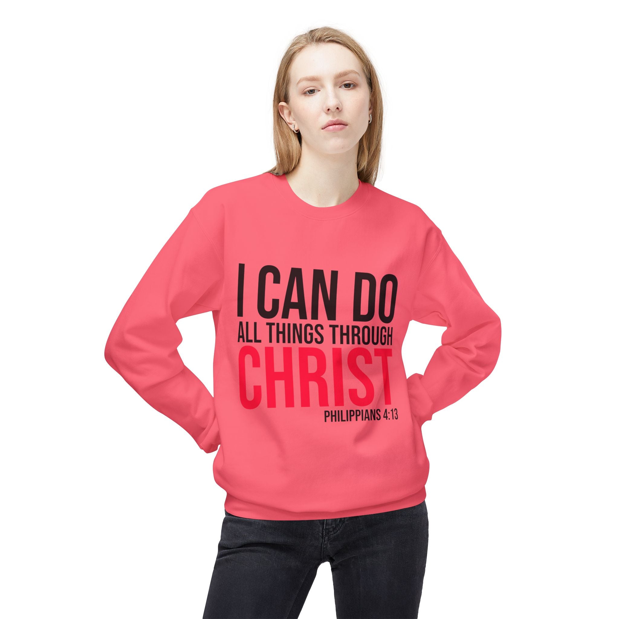 Unisex midweight softstyle fleece crewneck sweatshirt with inspirational "I Can Do All Things Through Christ" print, from Printify.
