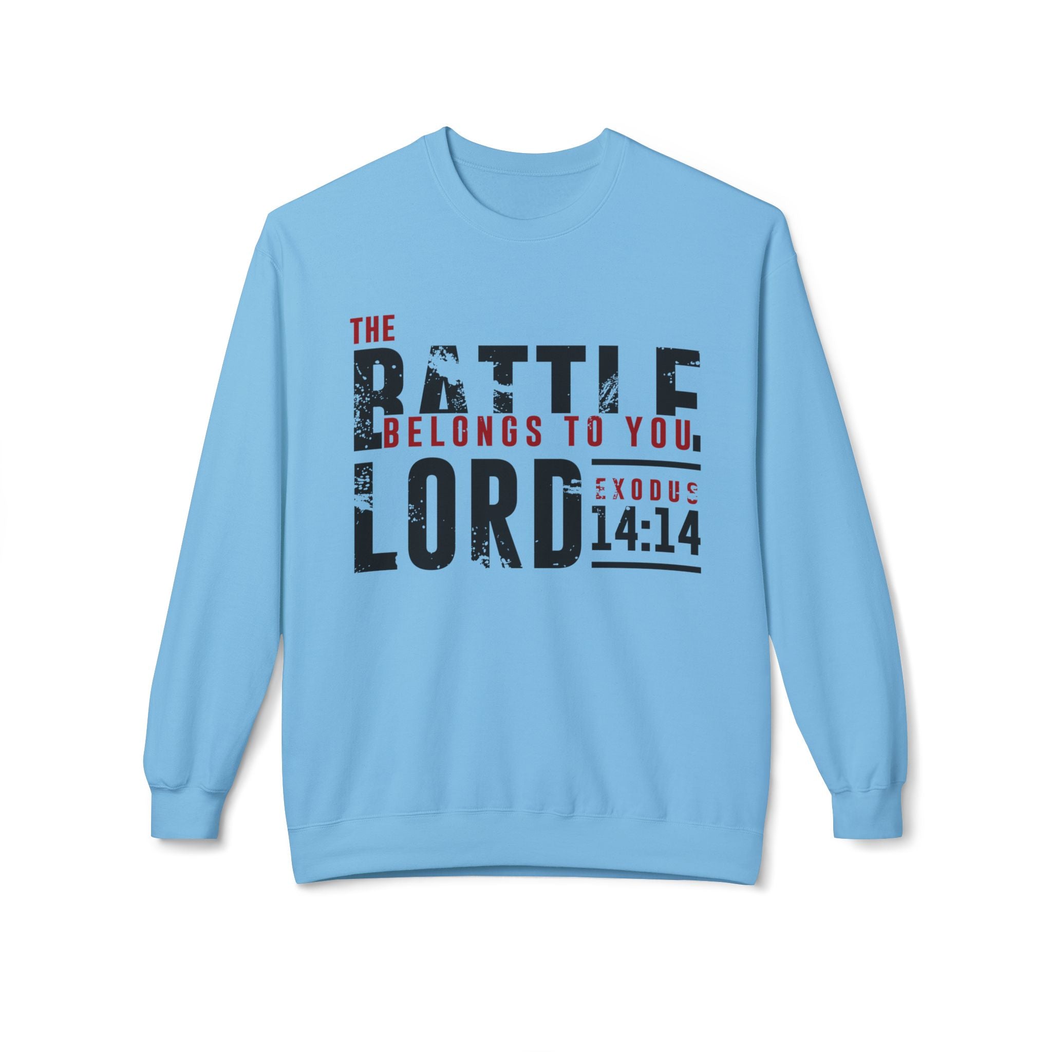 Unisex midweight softstyle fleece crewneck sweatshirt with "The Battle Belongs to the Lord" print, by Printify.