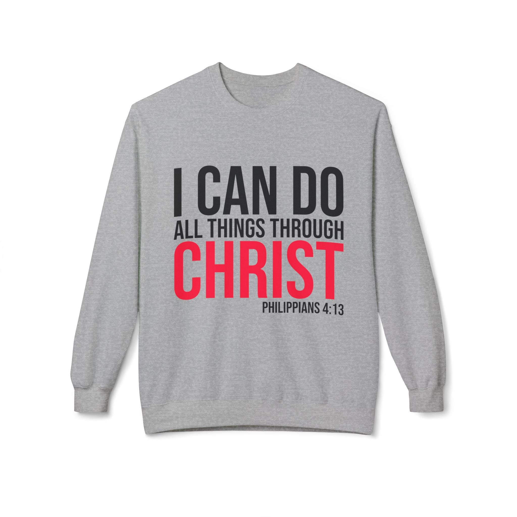 Unisex midweight softstyle fleece crewneck sweatshirt with "I Can Do All Things Through Christ" printed design by Printify.
