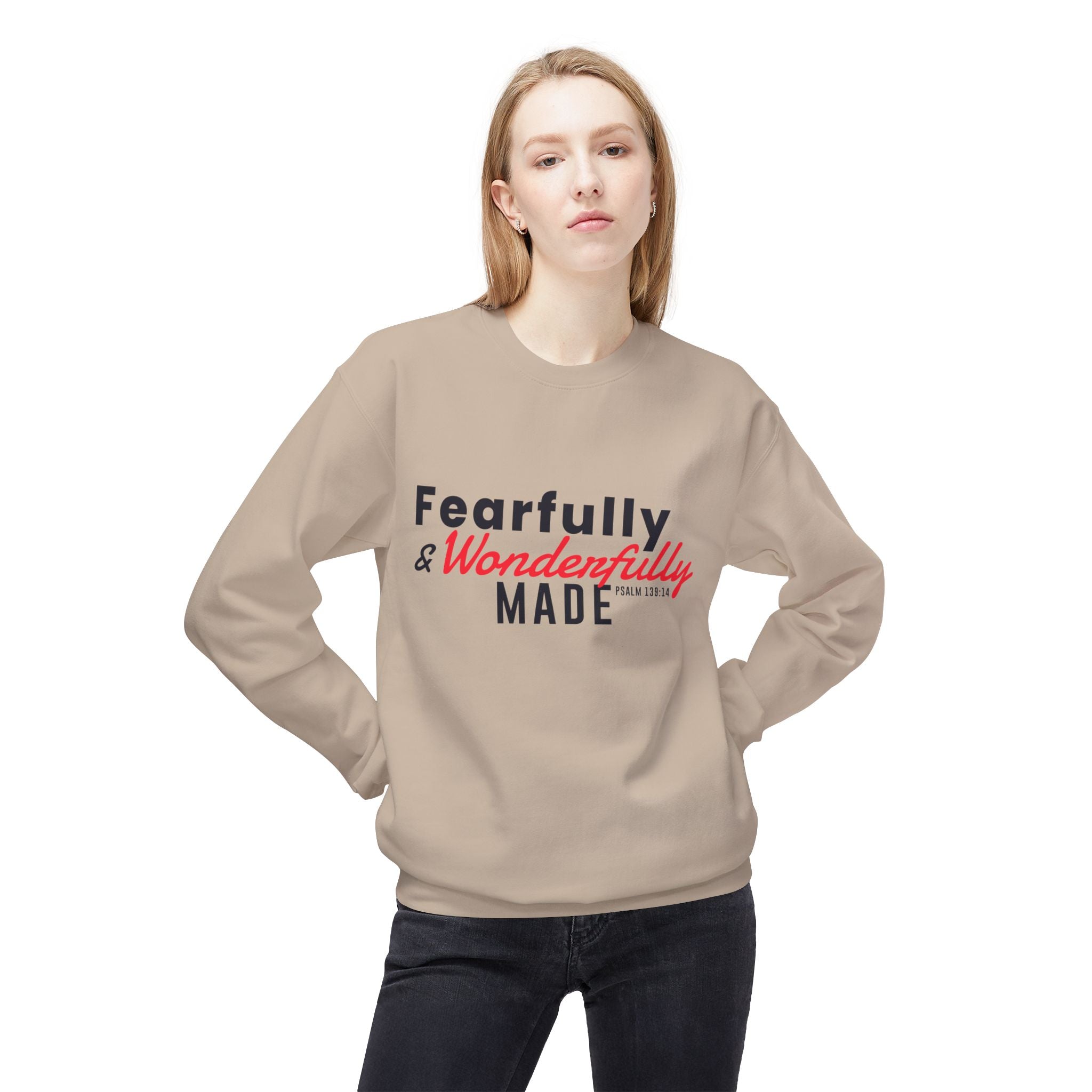 Unisex midweight softstyle fleece crewneck sweatshirt featuring "Fearfully and Wonderfully Made" design by Printify.