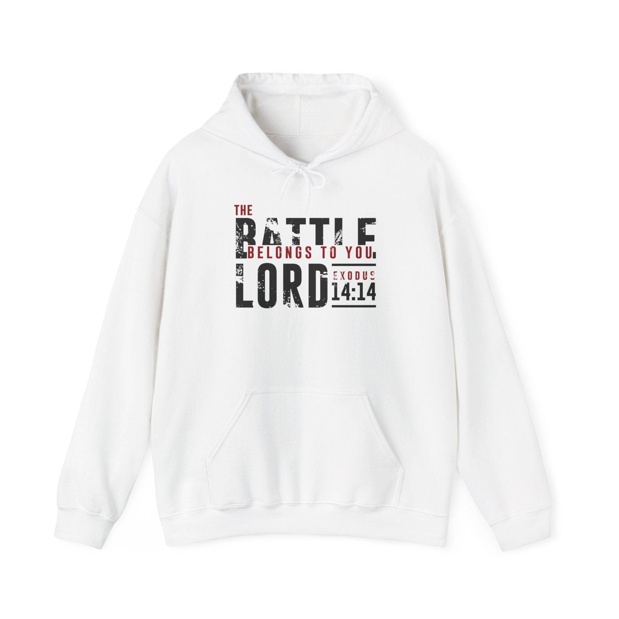 Unisex Heavy Blend™ Hoodie featuring "The Battle Belongs to the Lord" design, in navy with front pocket and hood.