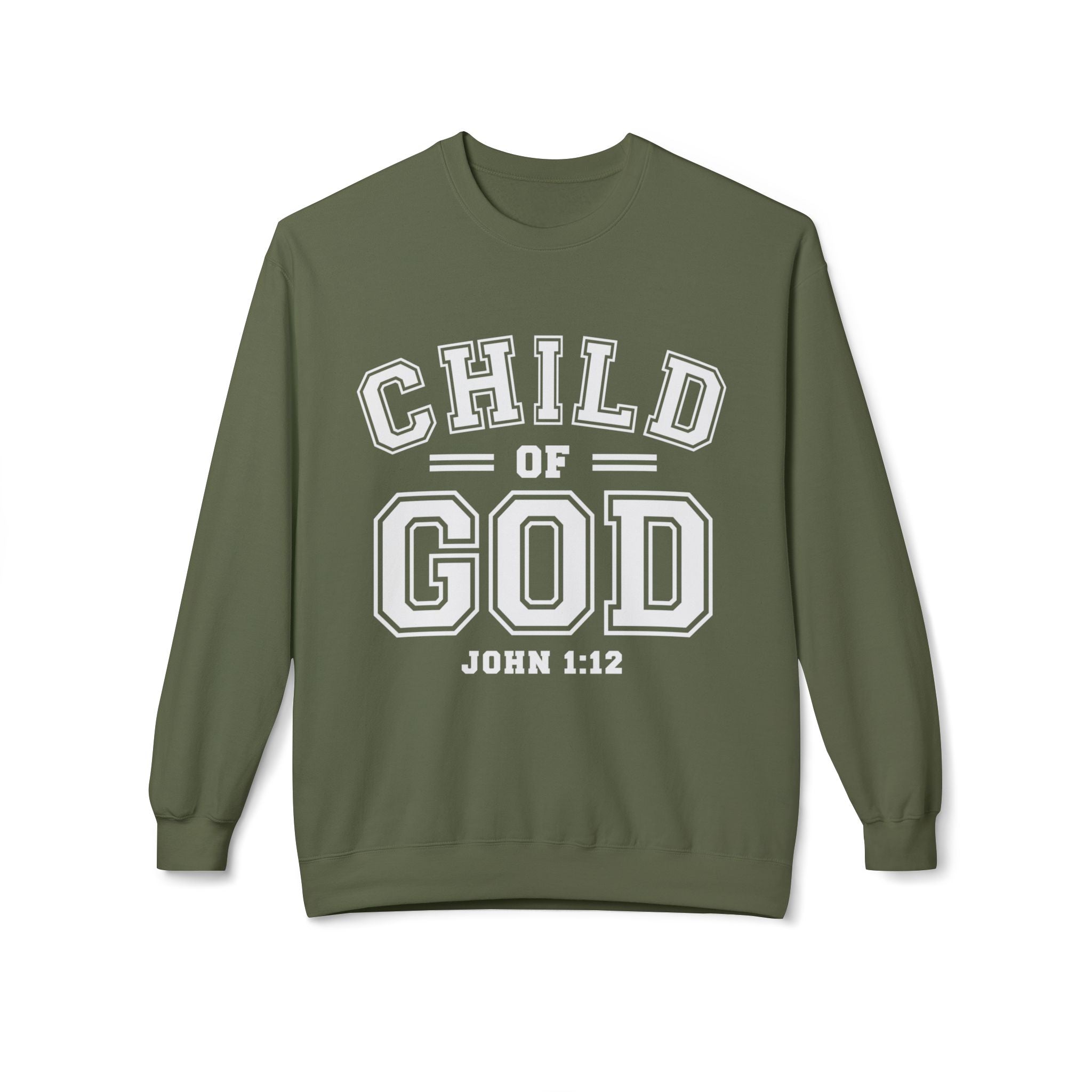 Unisex midweight softstyle fleece crewneck sweatshirt with "Child of God" graphic, featuring a comfortable fit and casual style.