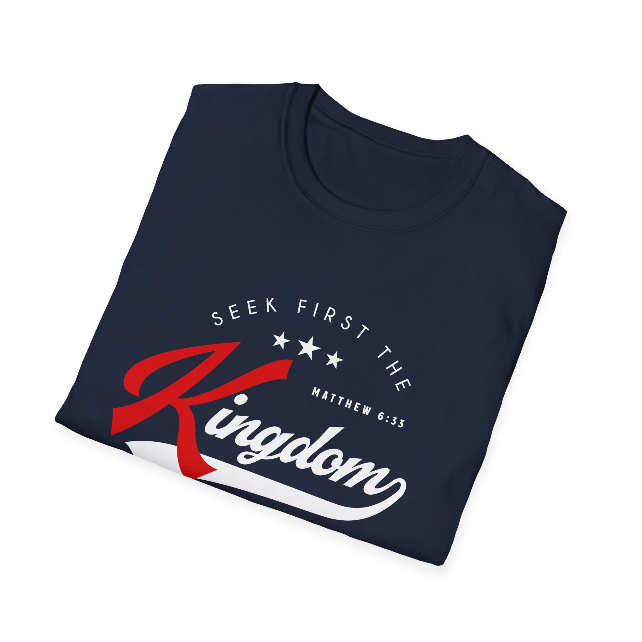 Unisex softstyle T-shirt with "Seek First the Kingdom of God" slogan, black fabric, casual fit, printed by Printify.