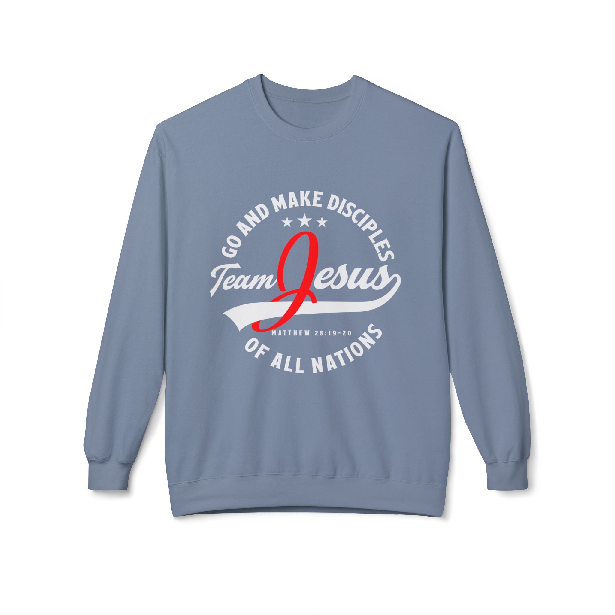 Unisex midweight softstyle fleece crewneck sweatshirt with "Team Jesus" print, made by Printify, displayed on a neutral background.