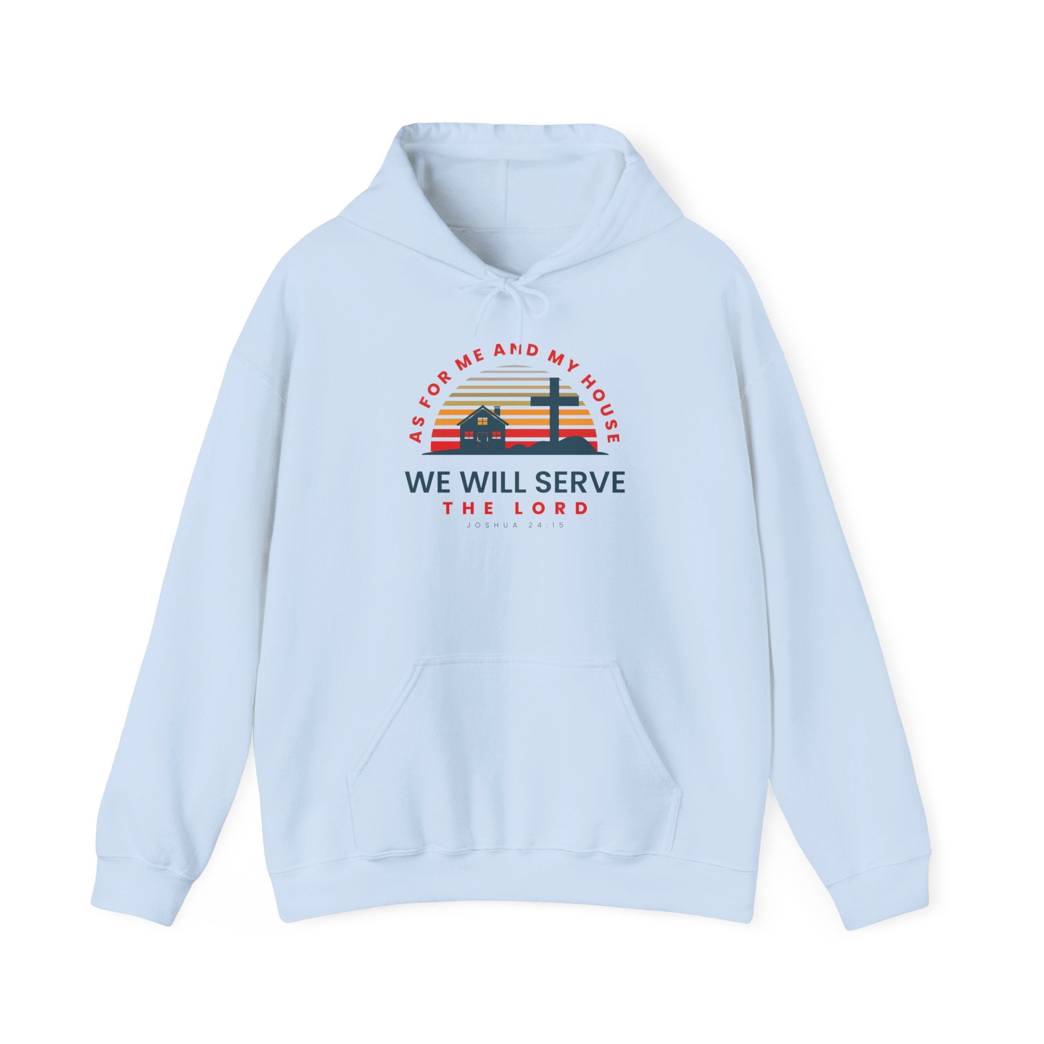 Unisex Heavy Blend hoodie featuring the "As for Me and My House We Will Serve the Lord" quote in black text on a gray fabric.