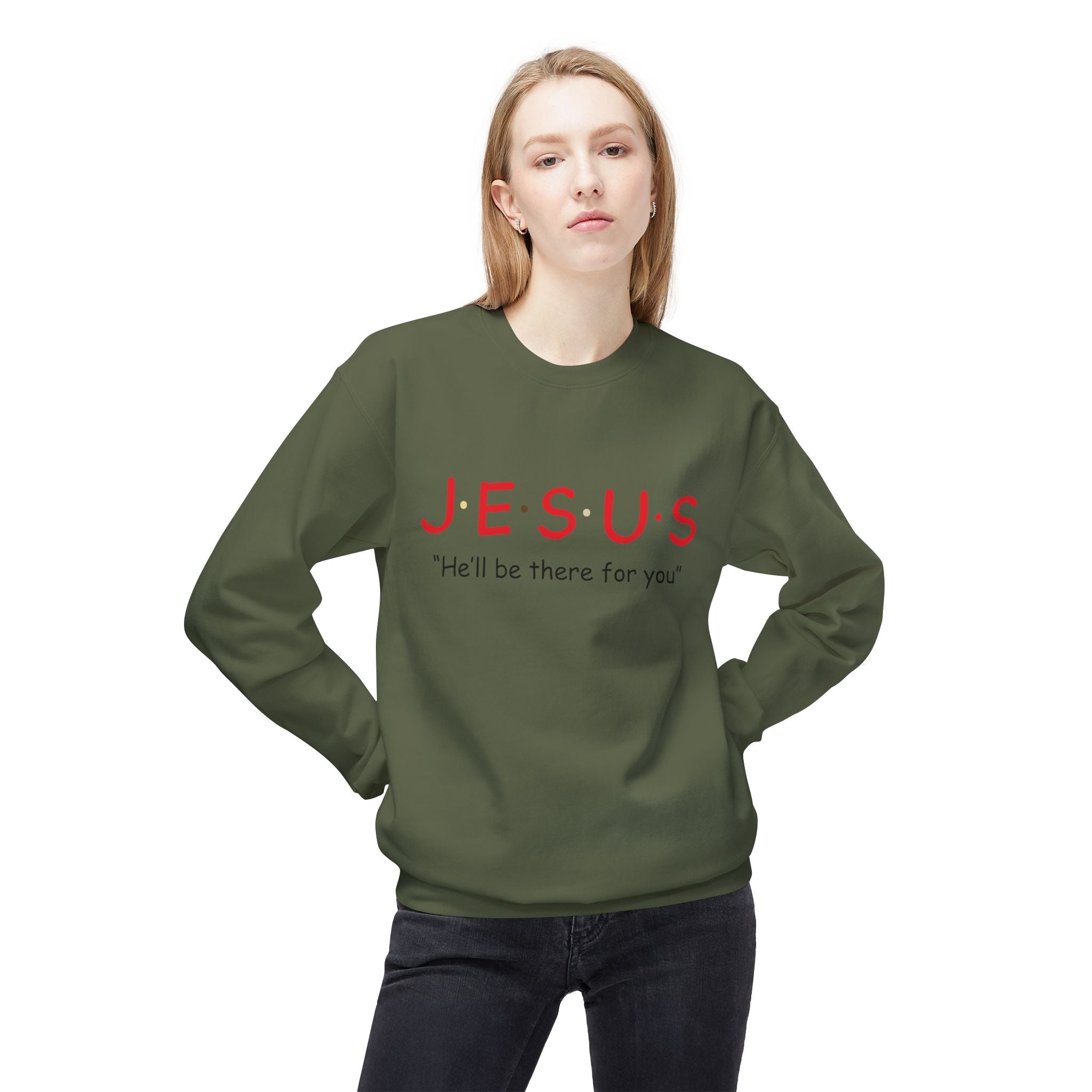Unisex midweight softstyle fleece crewneck sweatshirt with Jesus He'll Be There For You graphic in black and white.