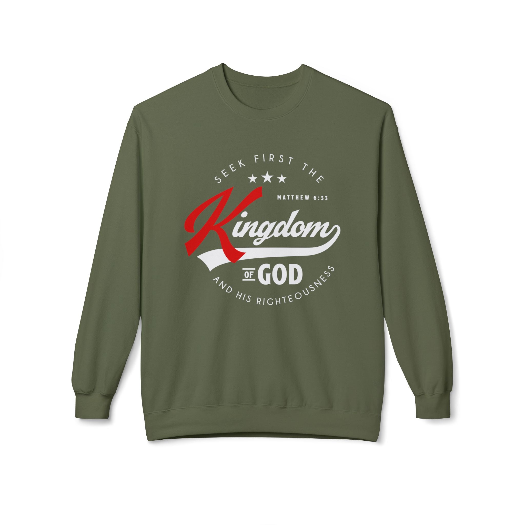 Unisex midweight softstyle fleece crewneck sweatshirt with "Seek First the Kingdom of God" print, crafted by Printify.