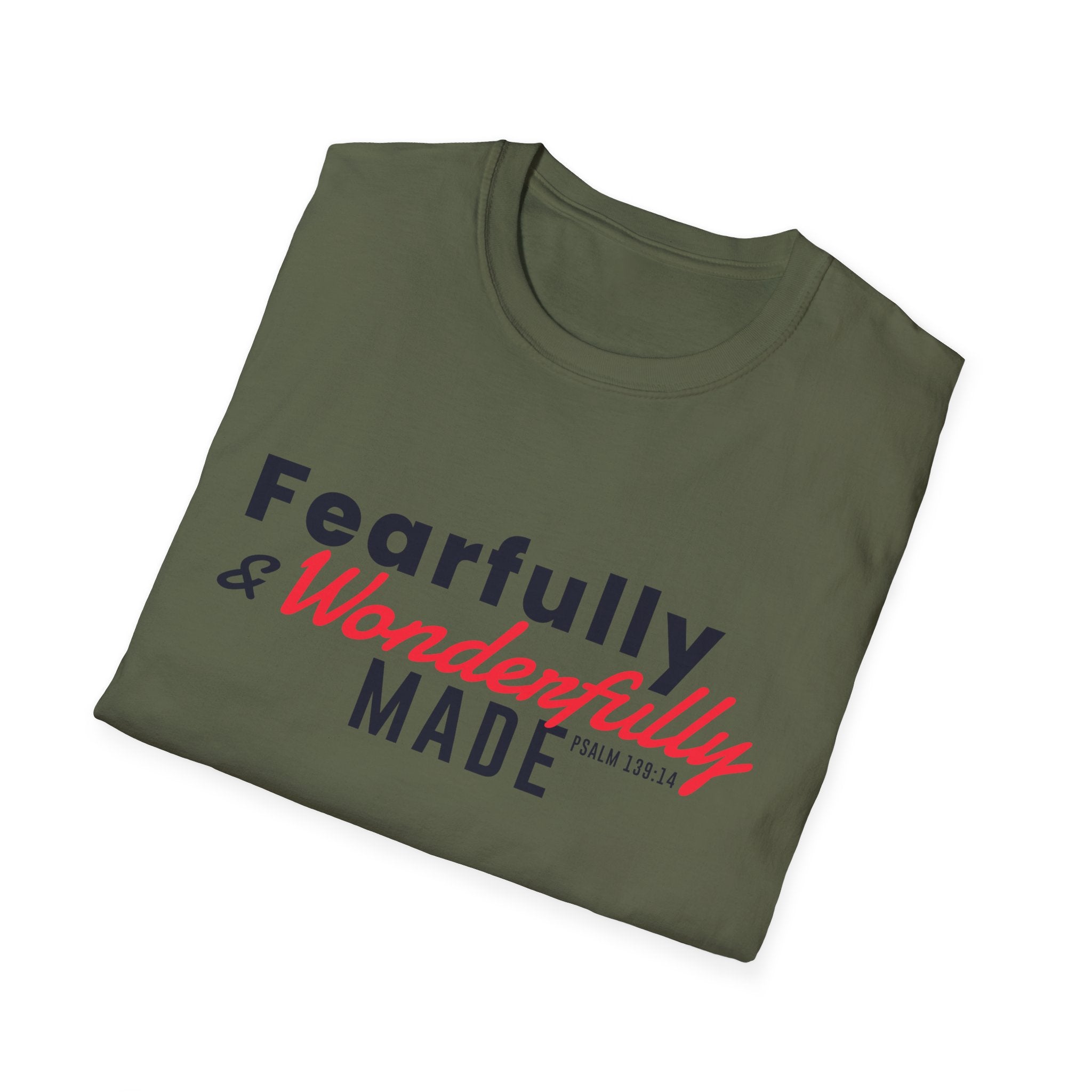 Unisex softstyle T-shirt with "Fearfully and Wonderfully Made" print, featuring a comfortable fit and casual style.
