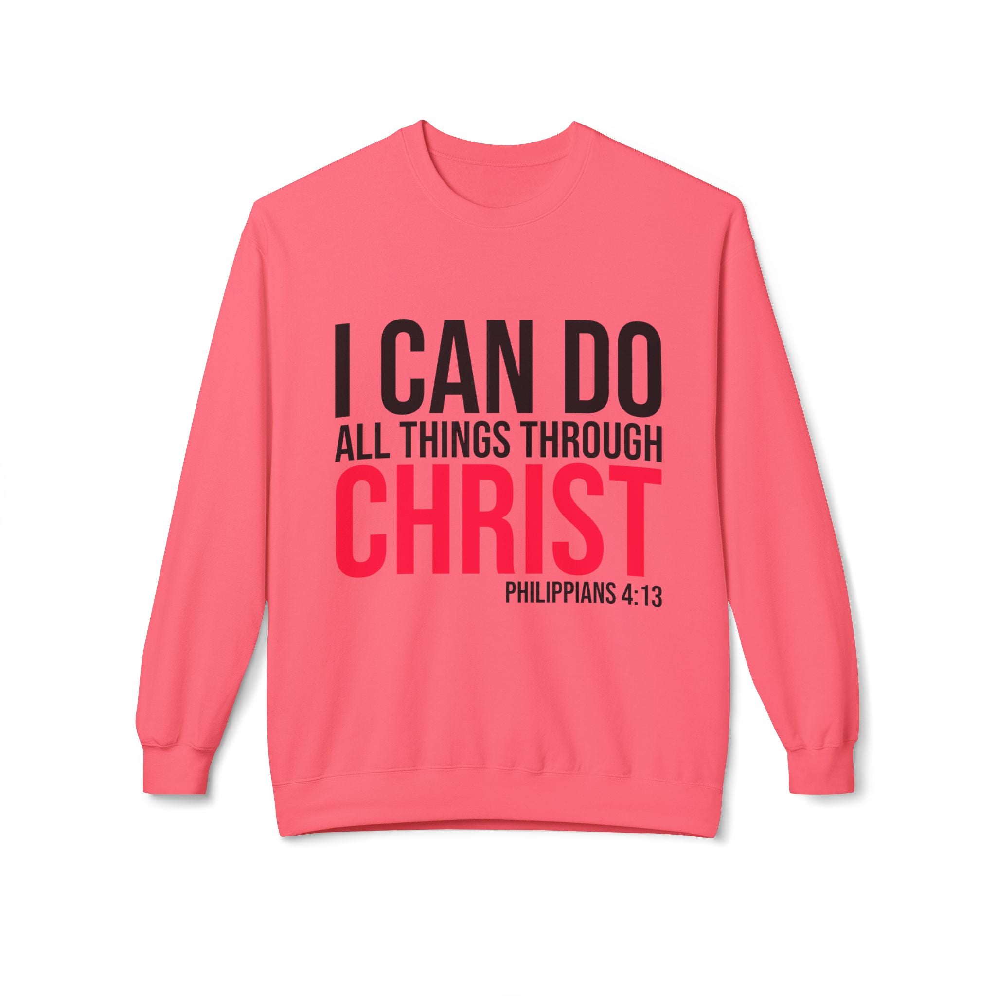 Unisex midweight softstyle fleece crewneck sweatshirt with inspirational "I Can Do All Things Through Christ" print by Printify.