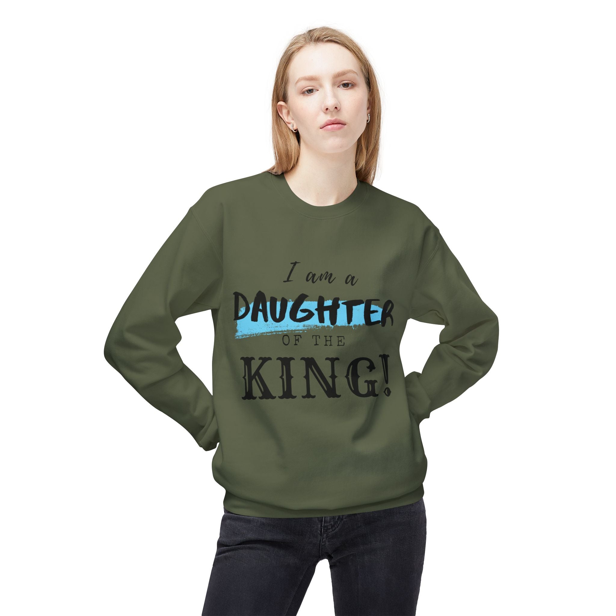 Unisex midweight softstyle fleece crewneck sweatshirt with "I Am a Daughter of the King" print, by Printify.