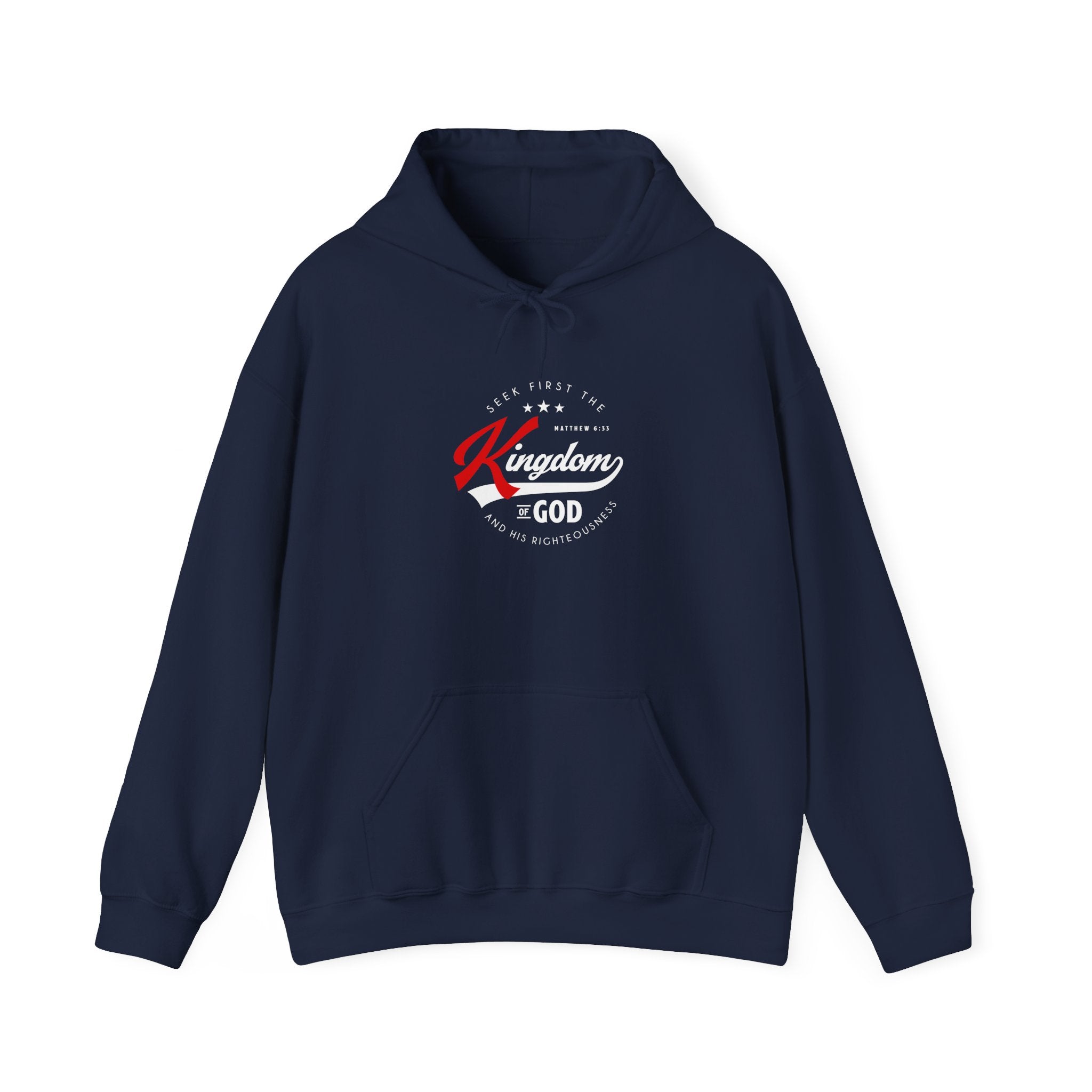 Unisex Heavy Blend hoodie with "Seek First the Kingdom of God" print, casual pullover sweatshirt in neutral colors.