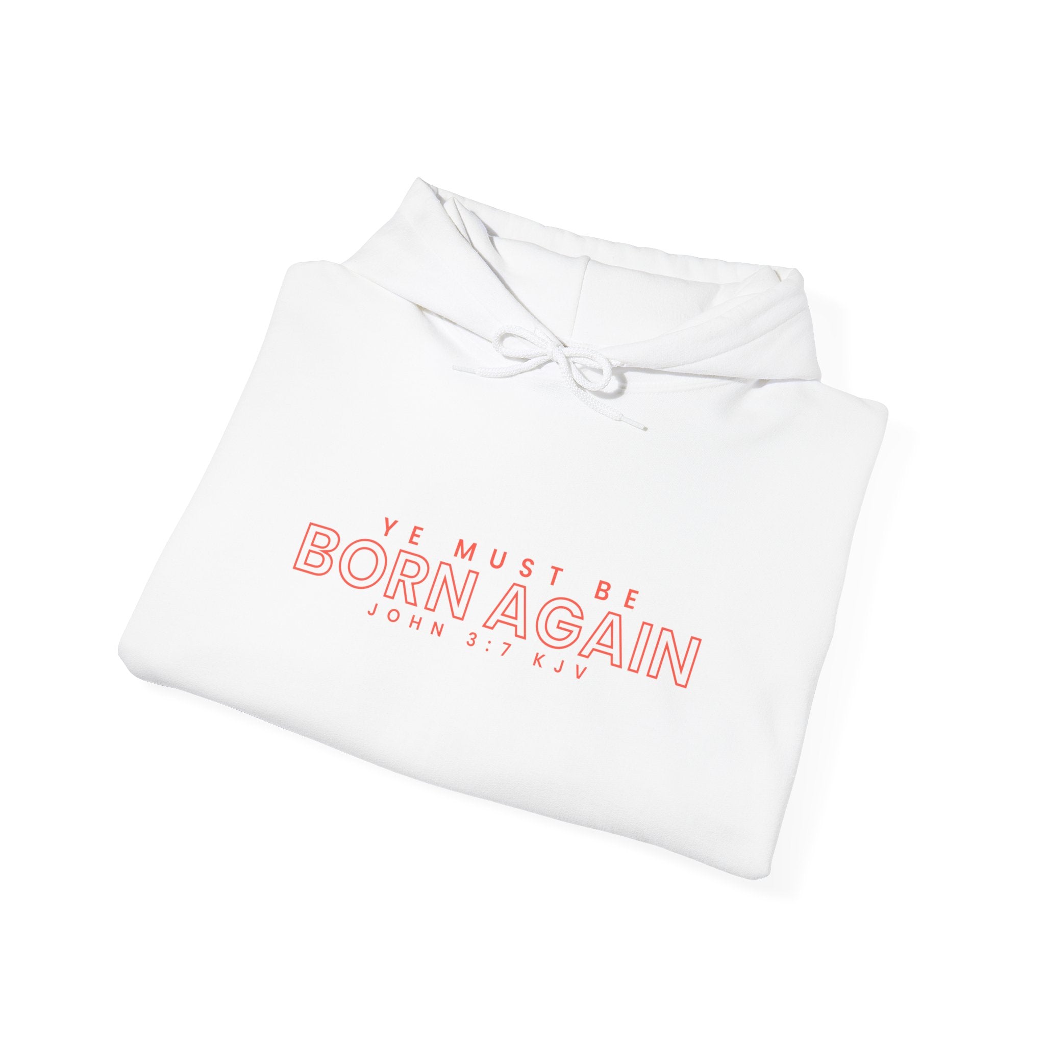 Unisex Heavy Blend hoodie with "Ye Must Be Born Again" print, featuring a hood, front pocket, and casual style by Printify.