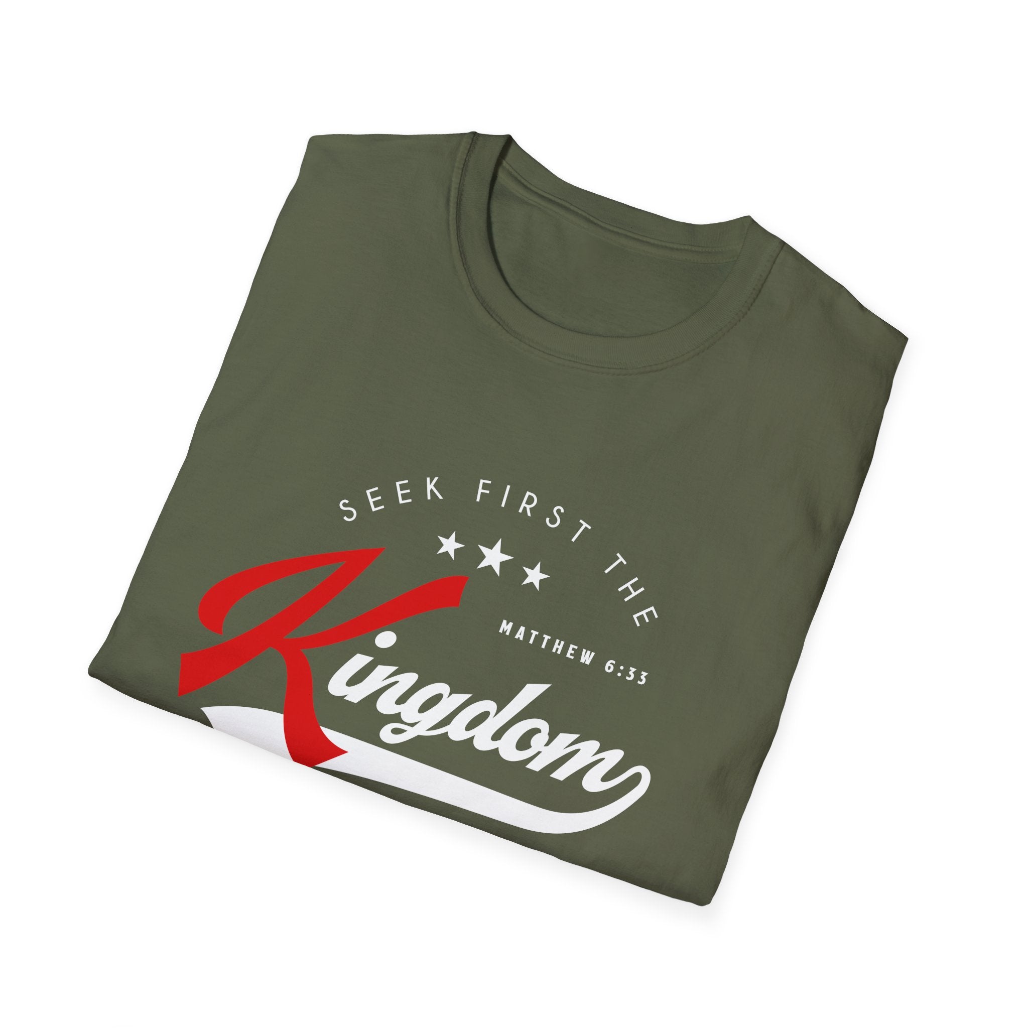Unisex softstyle T-shirt with "Seek First the Kingdom of God" printed design, casual fit, white fabric, Printify brand.
