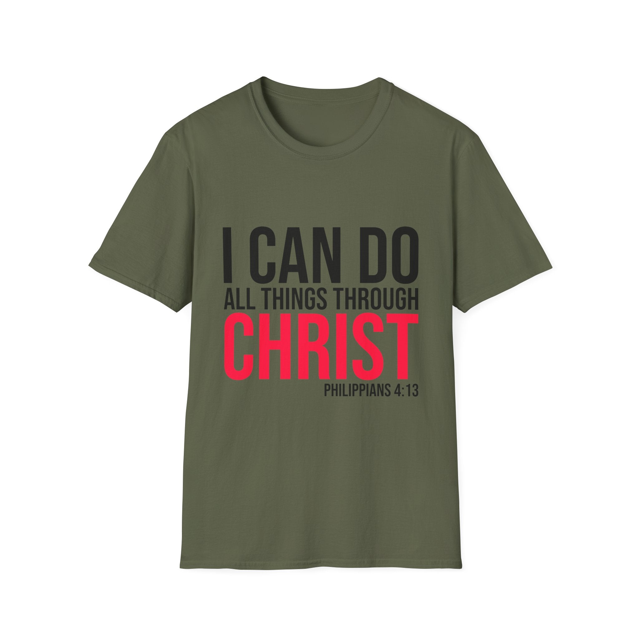 Unisex softstyle T-shirt with inspirational "I Can Do All Things Through Christ" print, by Printify, shown in a casual fit.