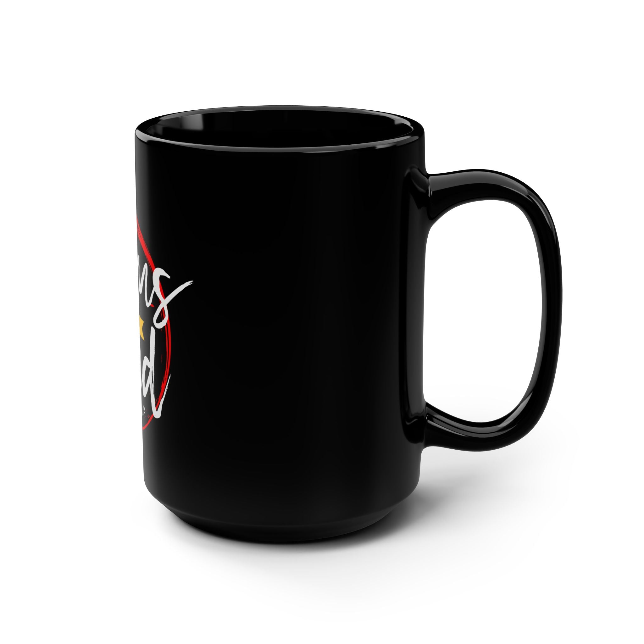 Black 15oz Jesus is Lord mug by Printify, featuring bold text and a classic ceramic design for daily inspiration.