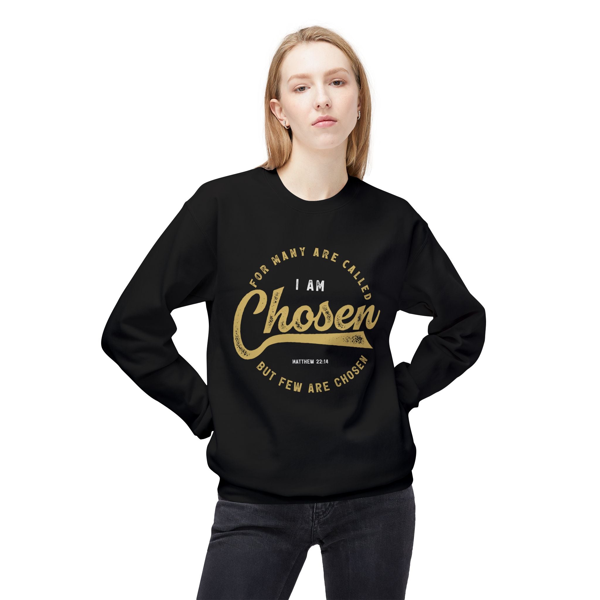 Unisex midweight softstyle fleece crewneck sweatshirt with "I Am Chosen" print, by Printify, shown in a front view.