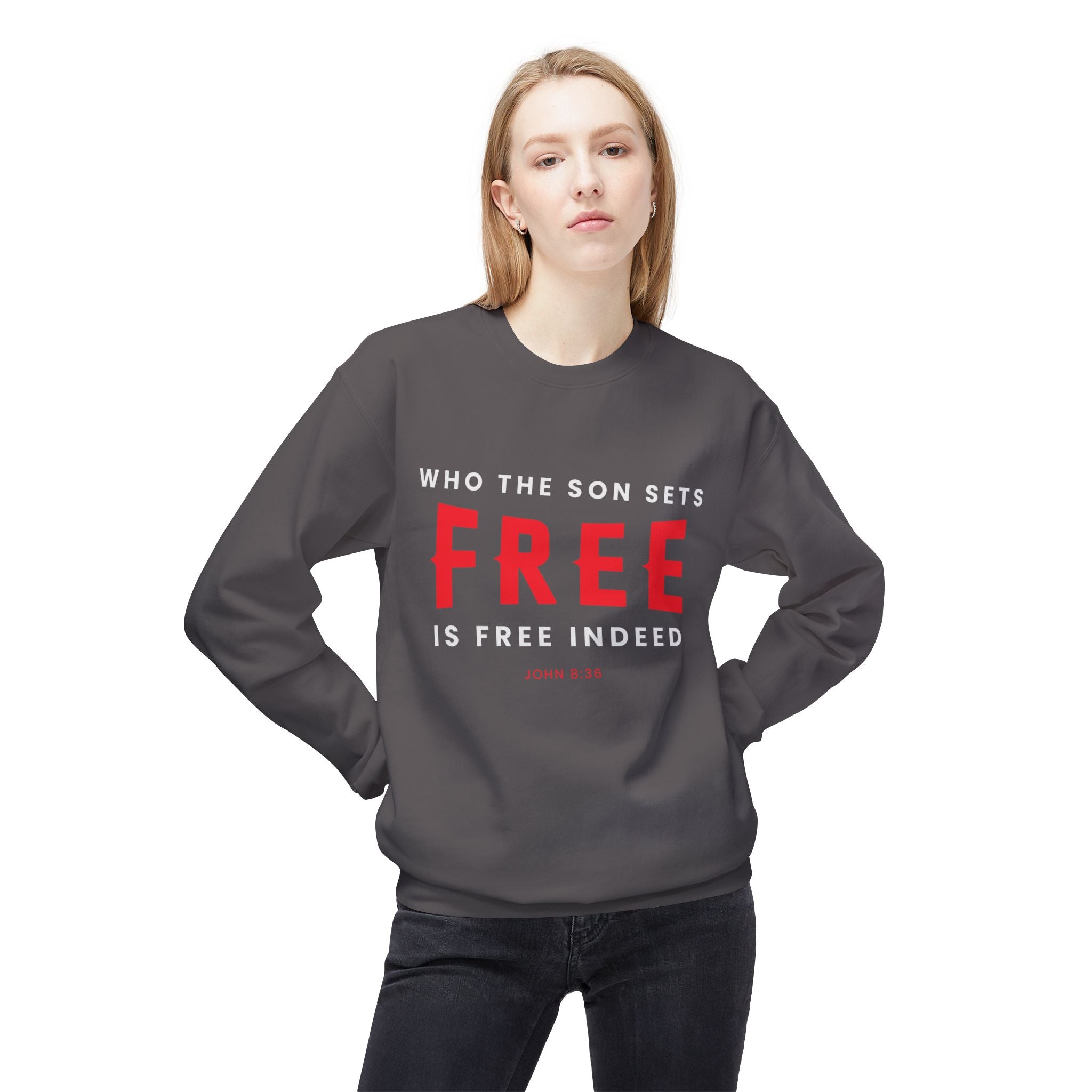 Unisex midweight softstyle fleece crewneck sweatshirt with "Who the Son Sets Free is Free Indeed" print, by Printify.