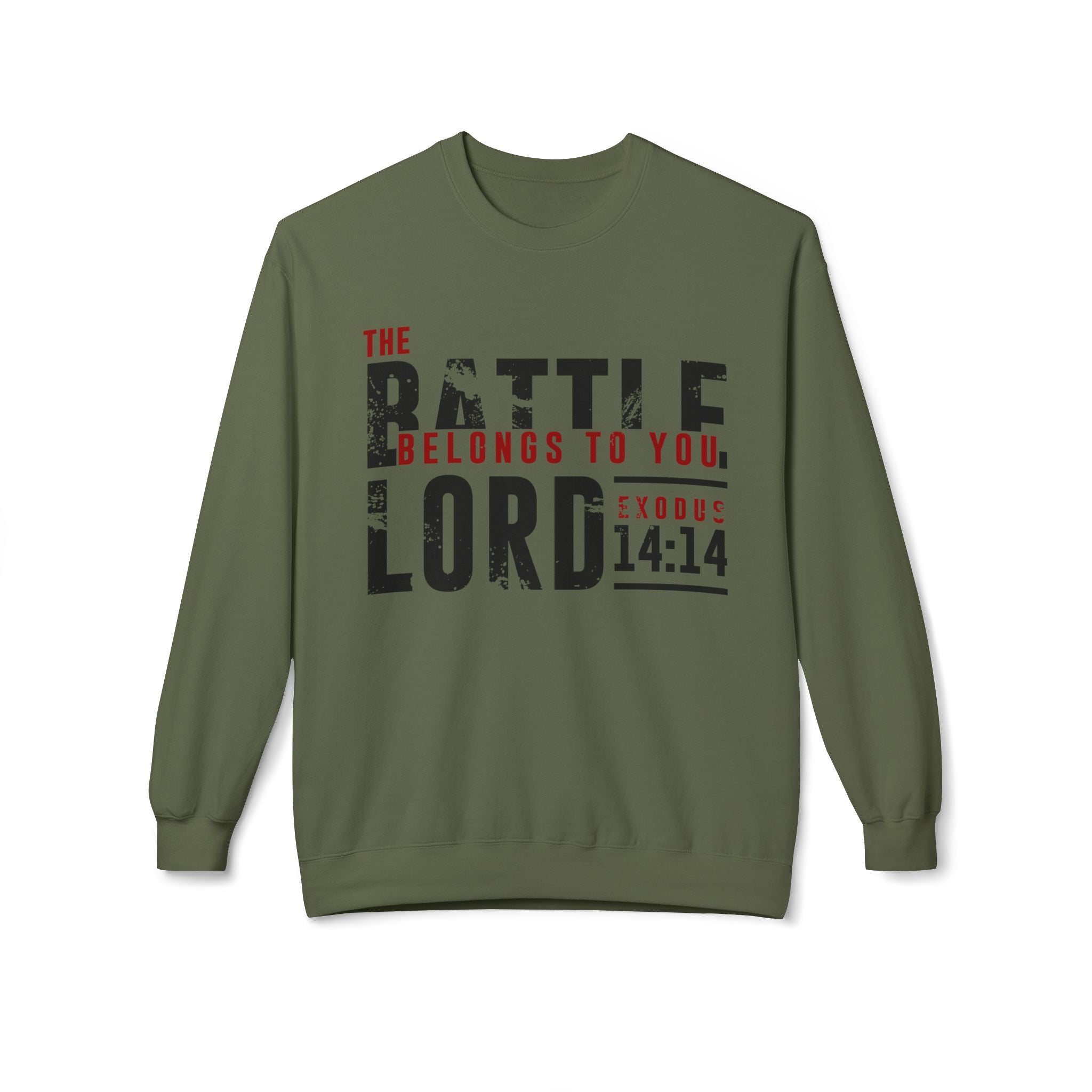 Unisex midweight softstyle fleece crewneck sweatshirt featuring "The Battle Belongs to the Lord" print, by Printify.
