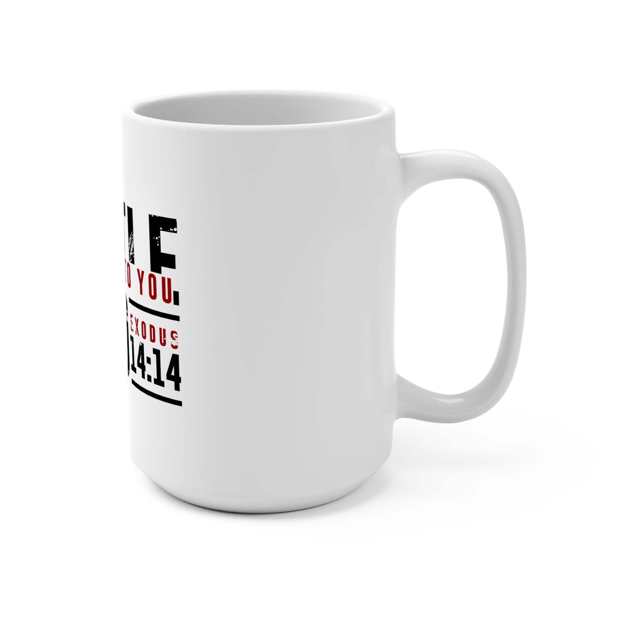 White 15oz mug with "The Battle Belongs to the Lord" print, featuring a simple design on a ceramic surface.