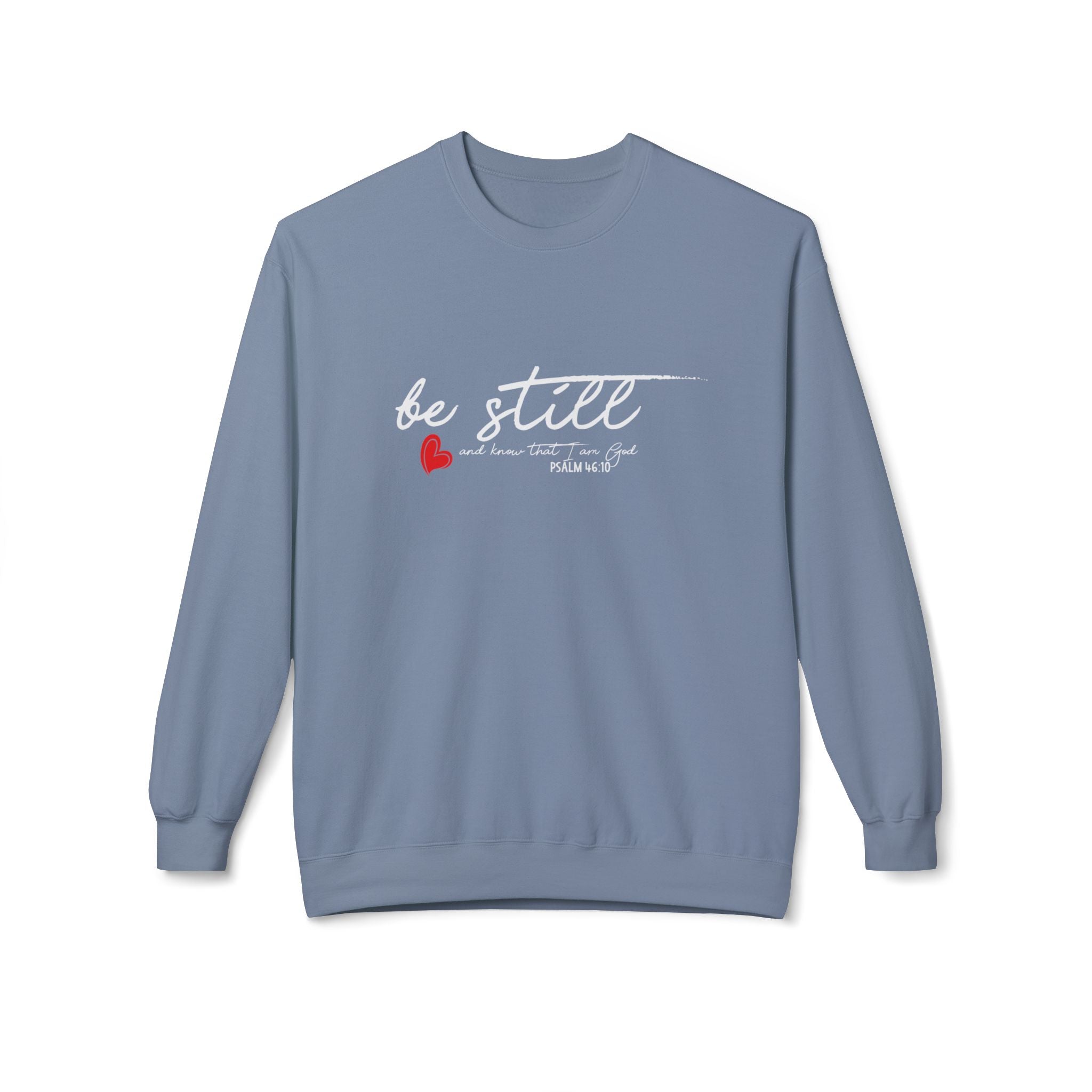 Unisex Printify Be Still midweight softstyle fleece crewneck sweatshirt in gray, featuring a comfortable fit and casual style.