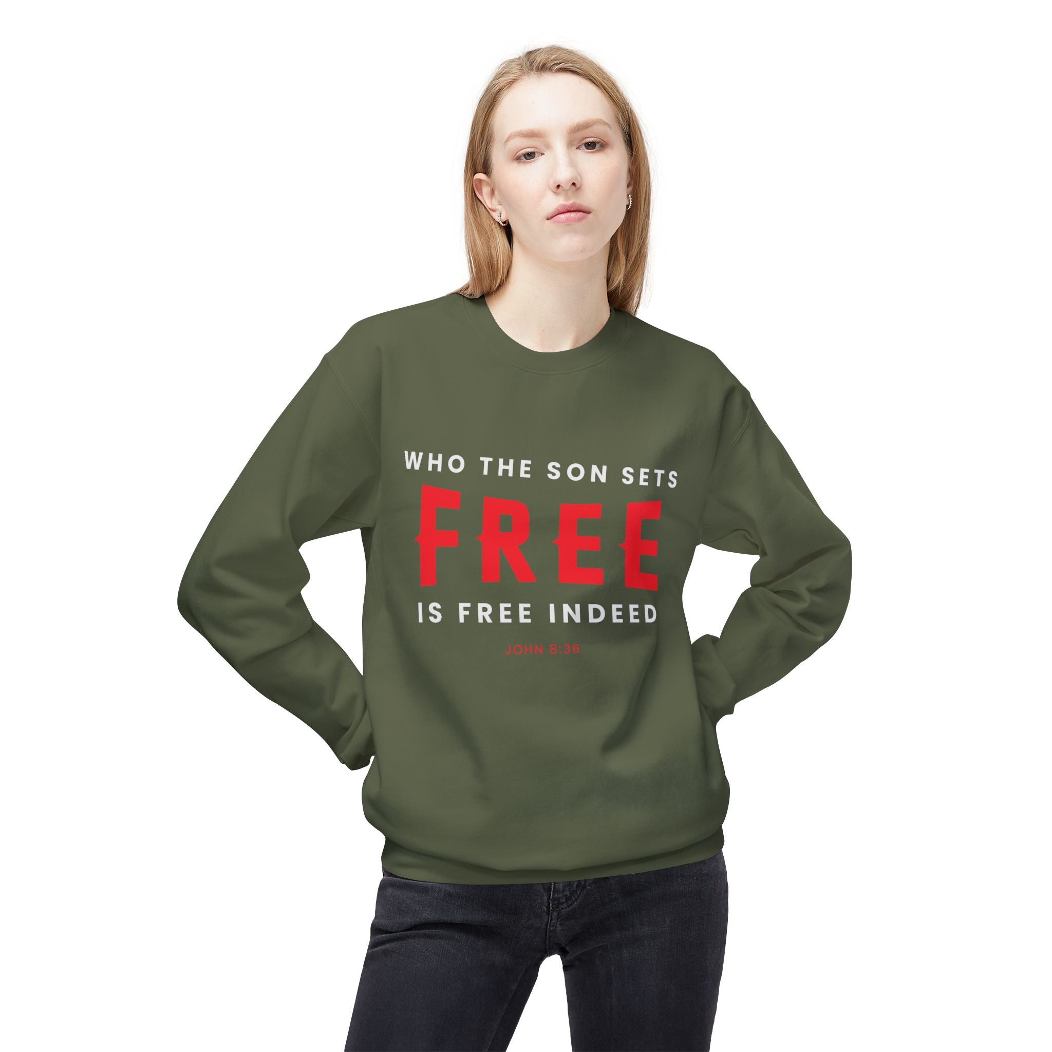 Unisex midweight softstyle fleece crewneck sweatshirt with "Who the Son Sets Free is Free Indeed" print by Printify.