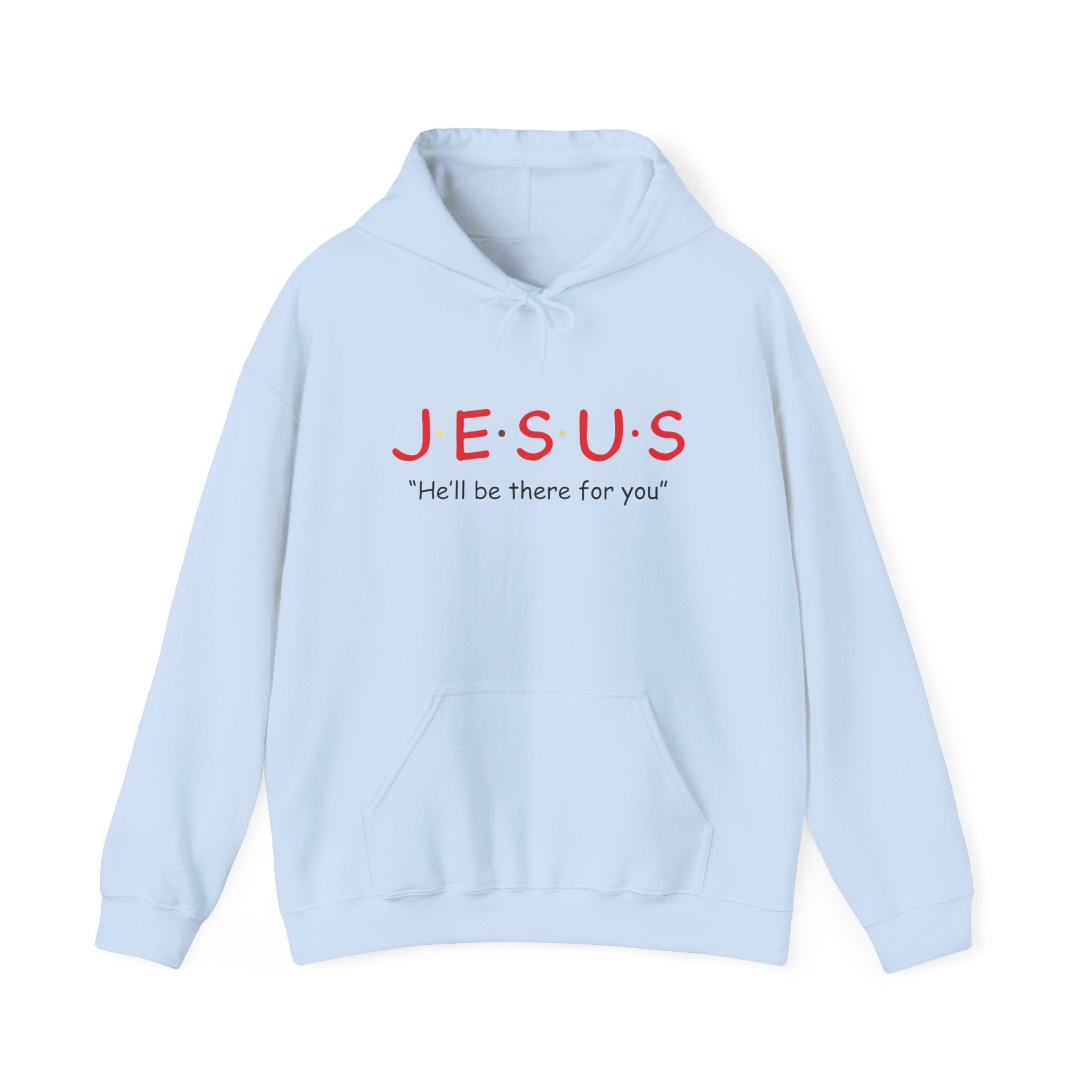 Unisex Heavy Blend™ Hoodie by Printify featuring a Jesus design, with a hood and front pocket, casual and comfortable clothing.