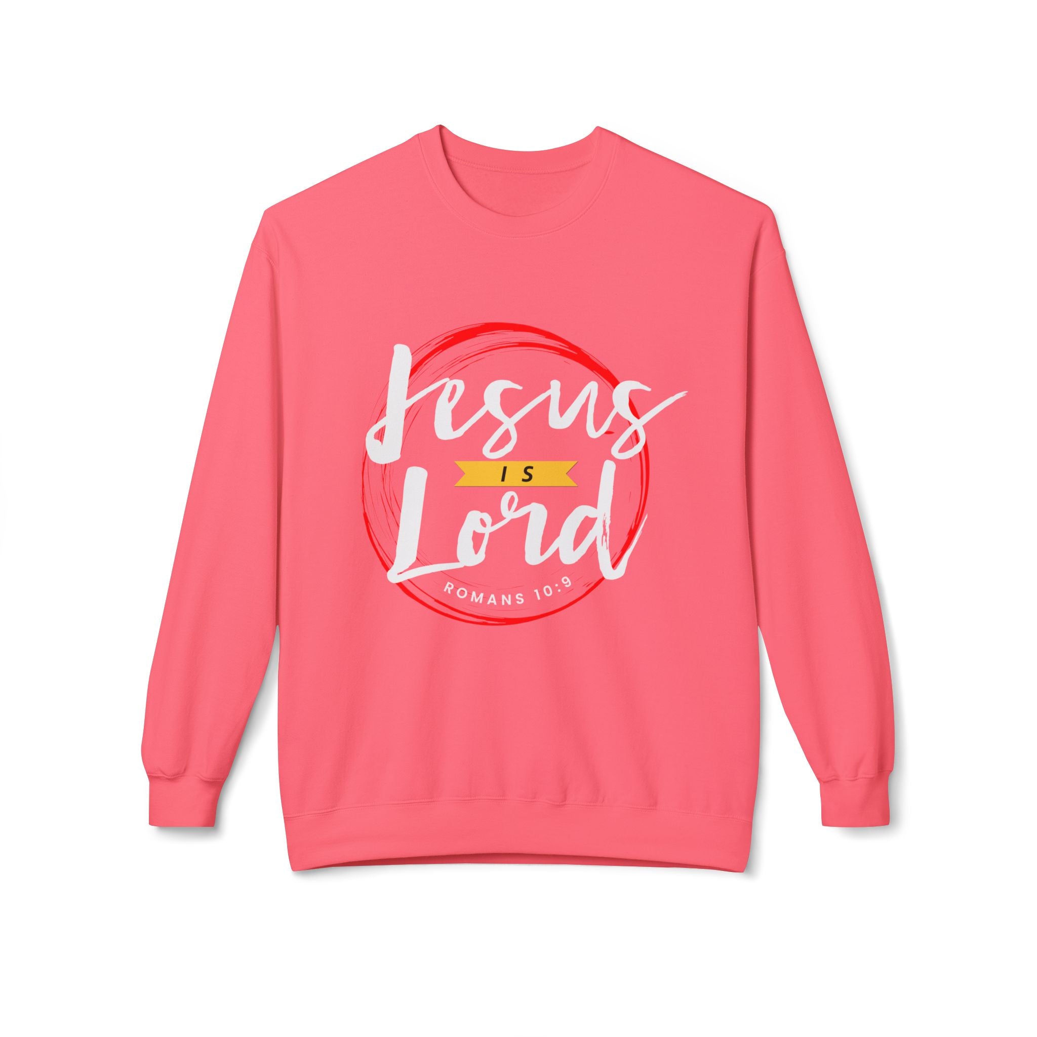 Unisex midweight softstyle fleece crewneck sweatshirt with "Jesus is Lord" printed design, in black with ribbed cuffs and collar.