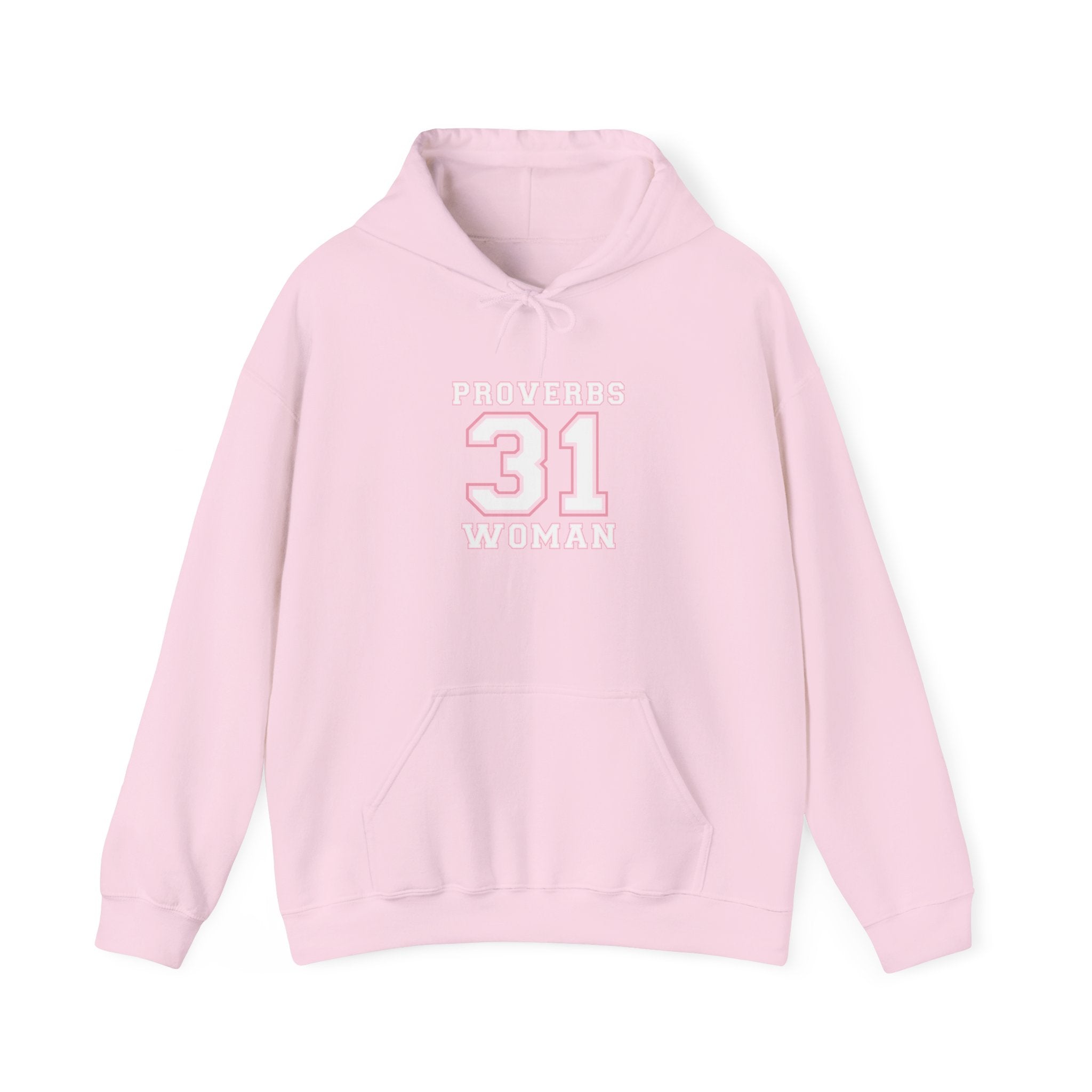 Unisex Heavy Blend hoodie featuring Proverbs 31 Woman design, with a front print and adjustable drawstring hood.