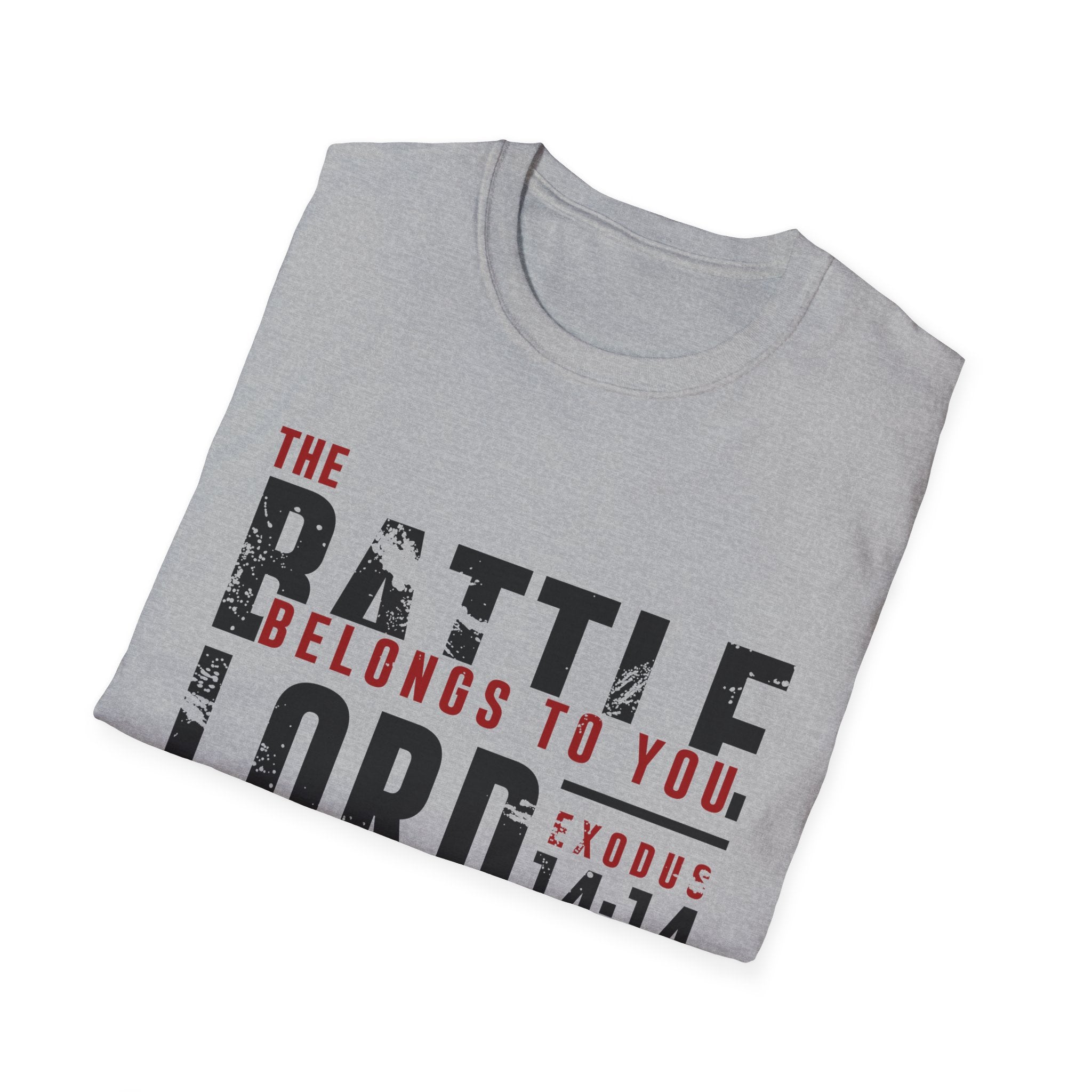 Unisex softstyle T-shirt with Christian Battle Belongs to the Lord graphic, white fabric, casual fit, Printify brand.