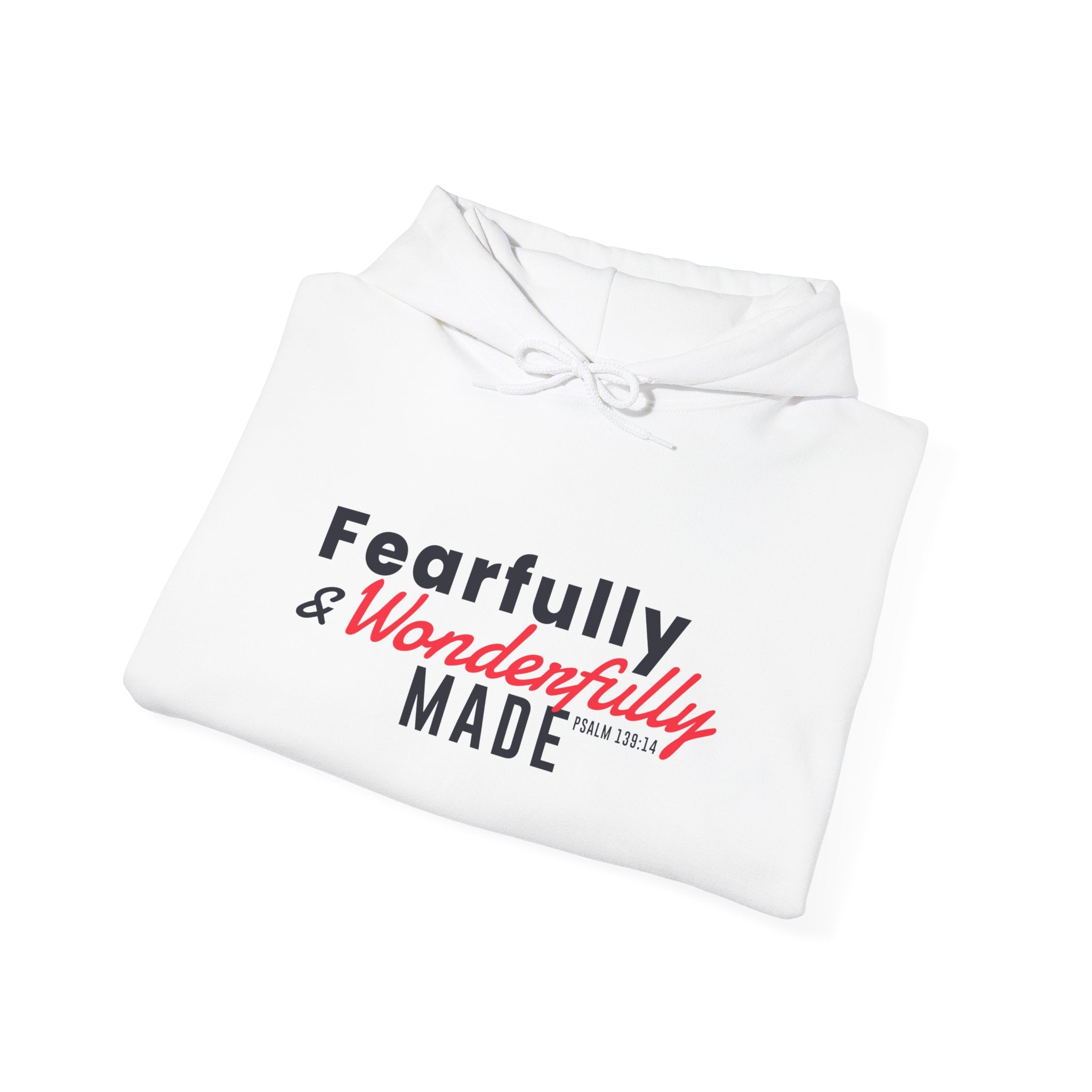Unisex Heavy Blend hoodie featuring a "Fearfully and Wonderfully Made" design on the front, made by Printify.